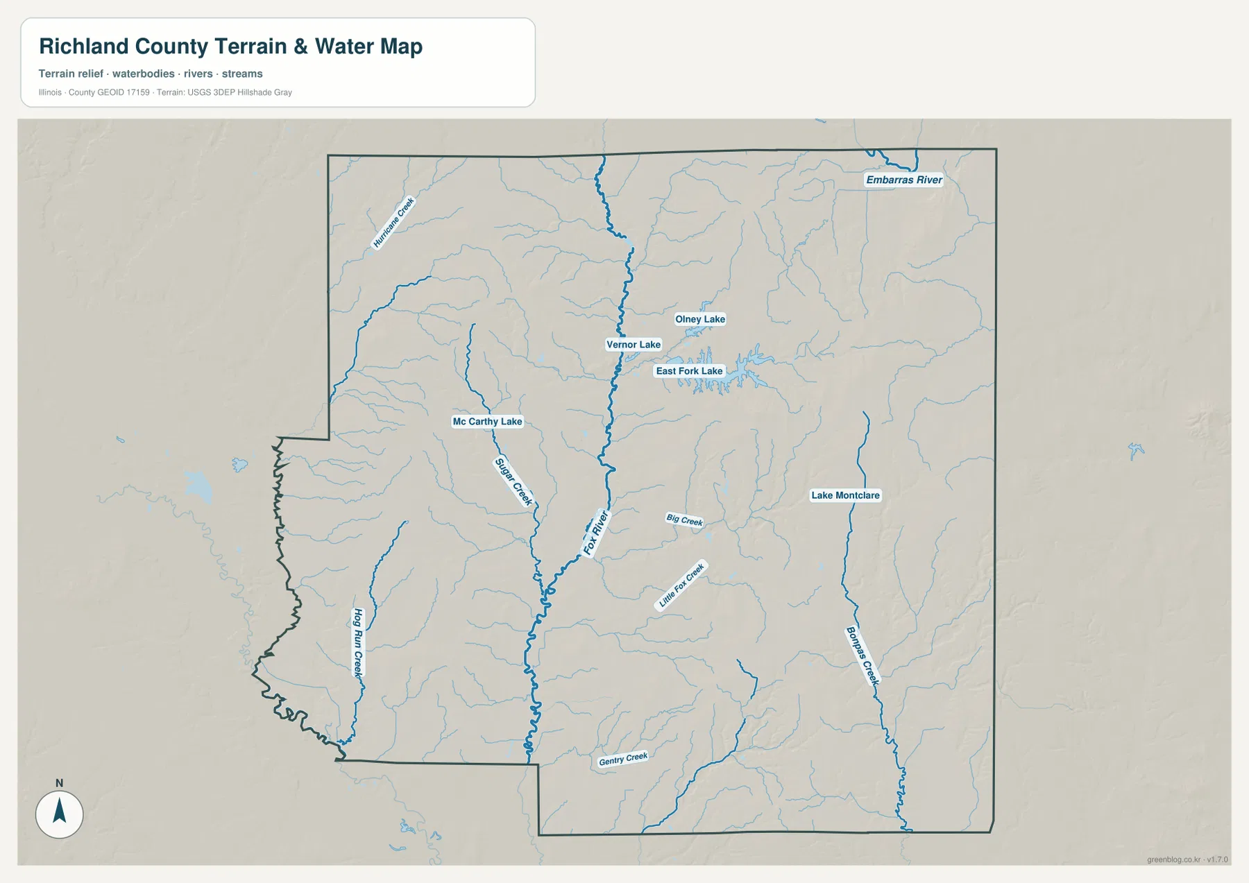Fox River, East Fork Lake, Olney Lake, Vernor Lake, Bonpas Creek, Embarras River와 여러 지류를 보여 주는 Richland County 수역 지도