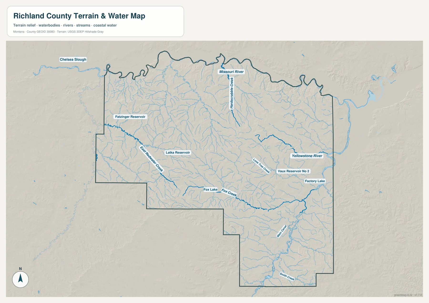 Yellowstone River, Missouri River, Lone Tree Creek, East Redwater Creek, Fox Creek와 주요 저수지를 표시한 Richland County 수역 지형 지도
