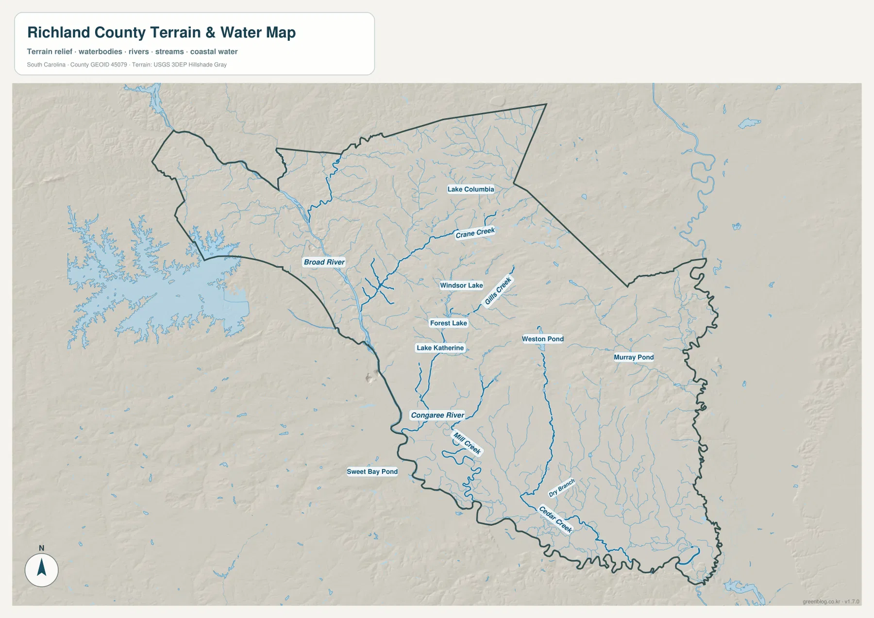 Richland County terrain and water map with Broad River, Congaree River, Crane Creek, Gills Creek, lakes and ponds