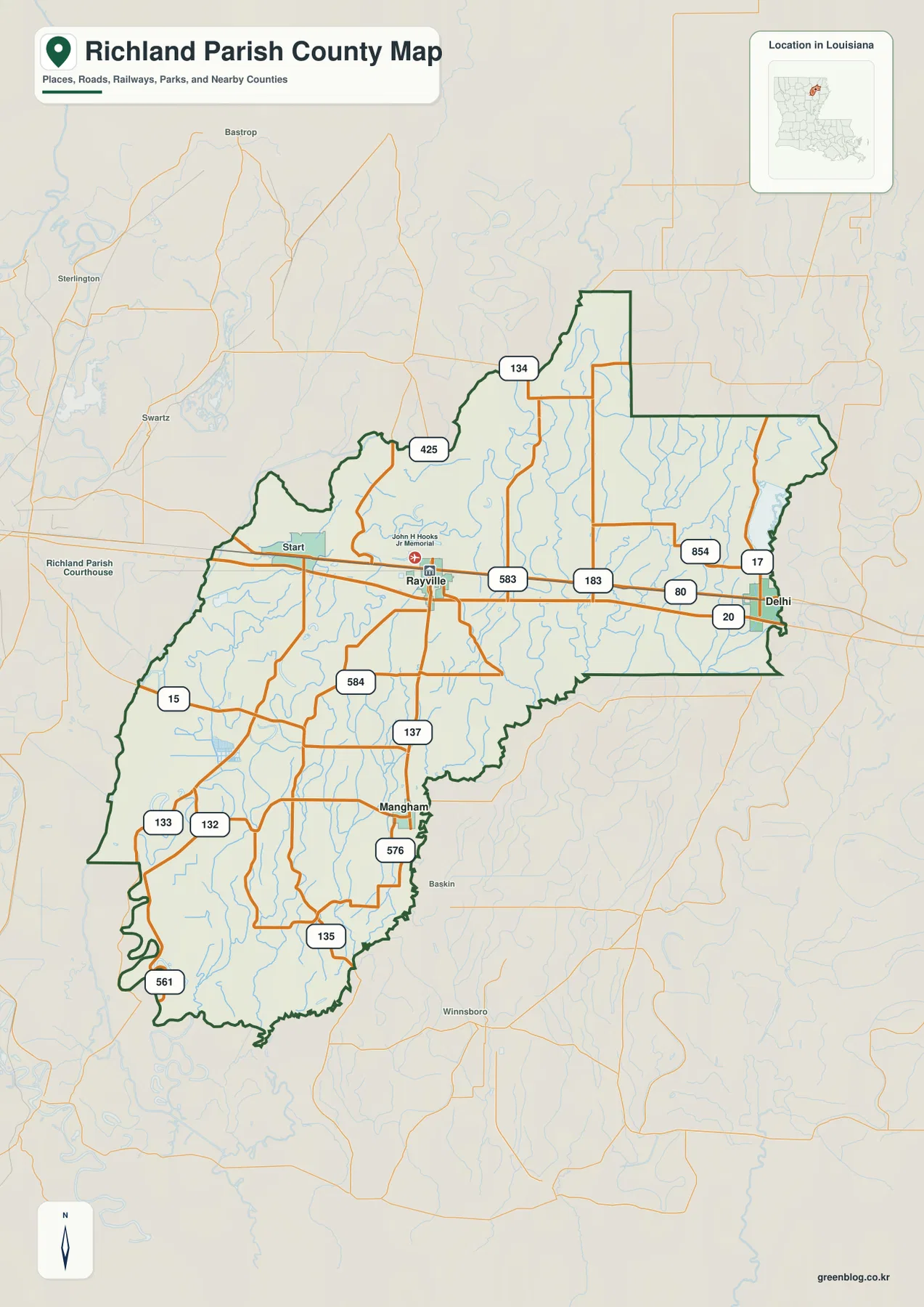 Richland Parish map showing Rayville, Delhi, Start, Mangham, U.S. 80, U.S. 425, and major state roads