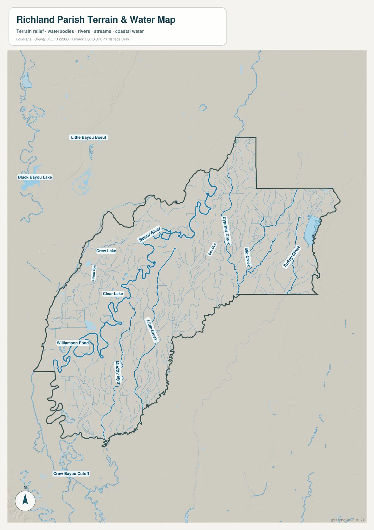Richland Parish water map showing the Boeuf River, Cypress Creek, Big Creek, Turkey Creek, Slagle Bayou, Muddy Bayou, Crew Lake, and Clear Lake