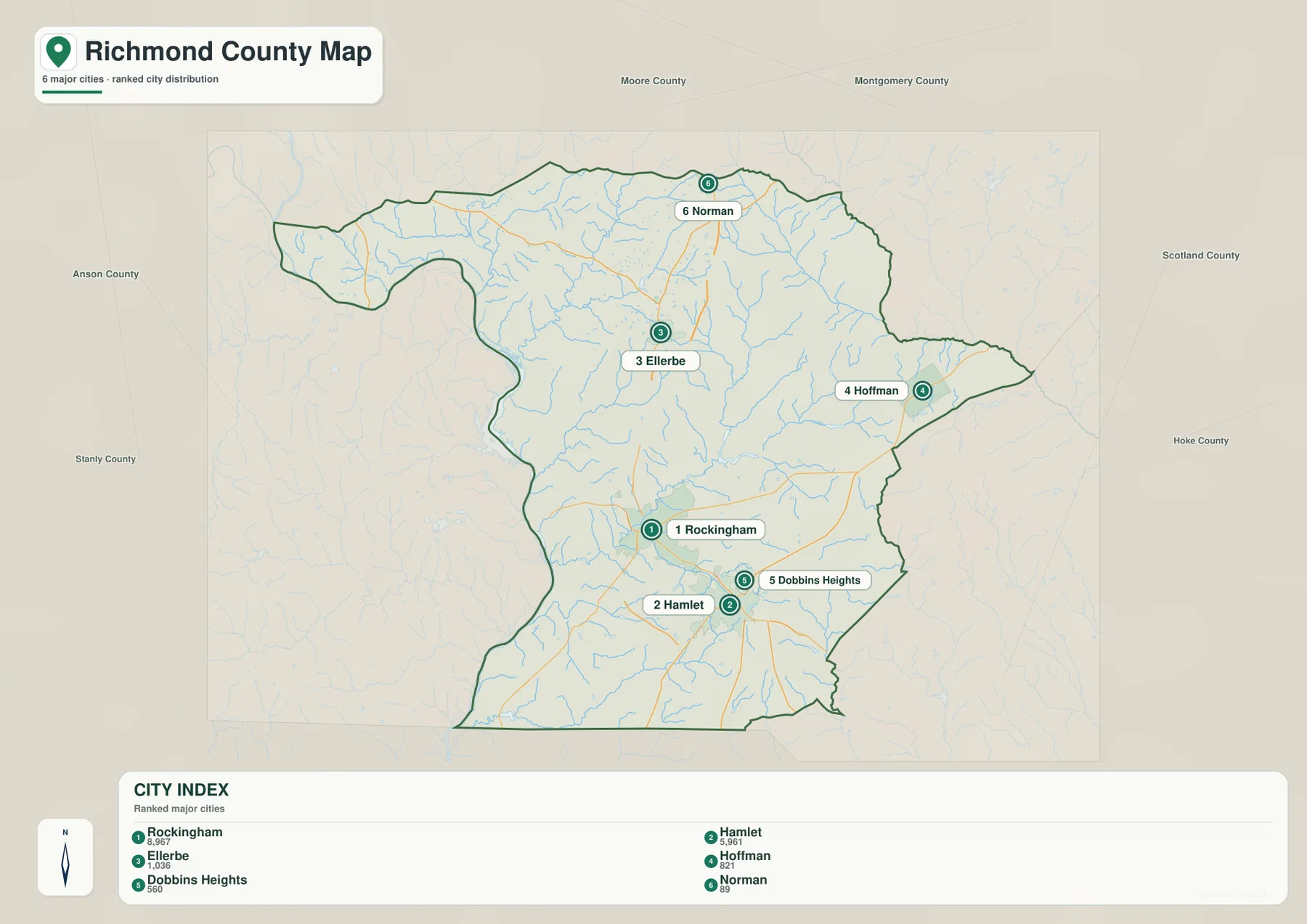 Richmond County city distribution map with Rockingham Hamlet Ellerbe Hoffman Dobbins Heights and Norman