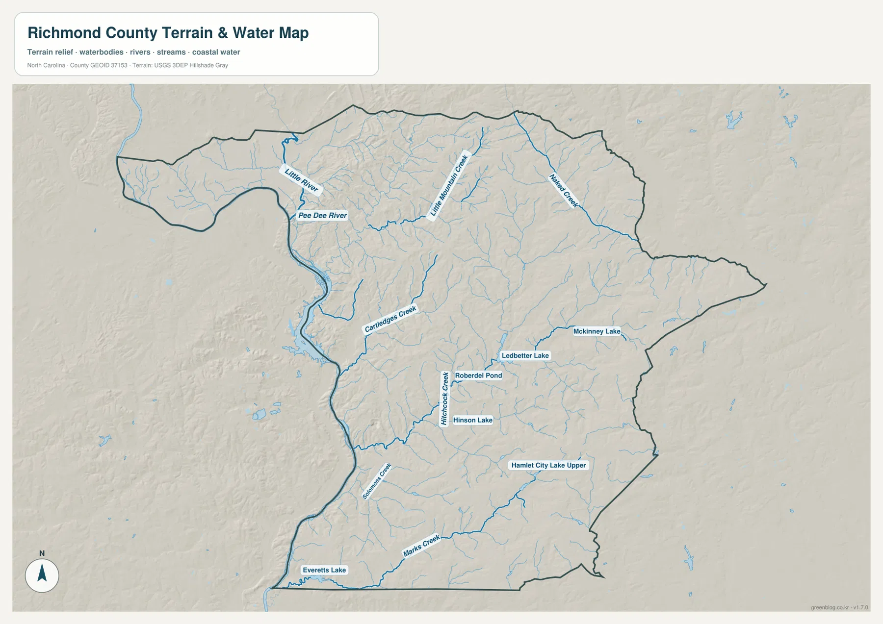 Richmond County terrain and water map showing Pee Dee River Little River Cartledges Creek Hitchcock Creek and lakes