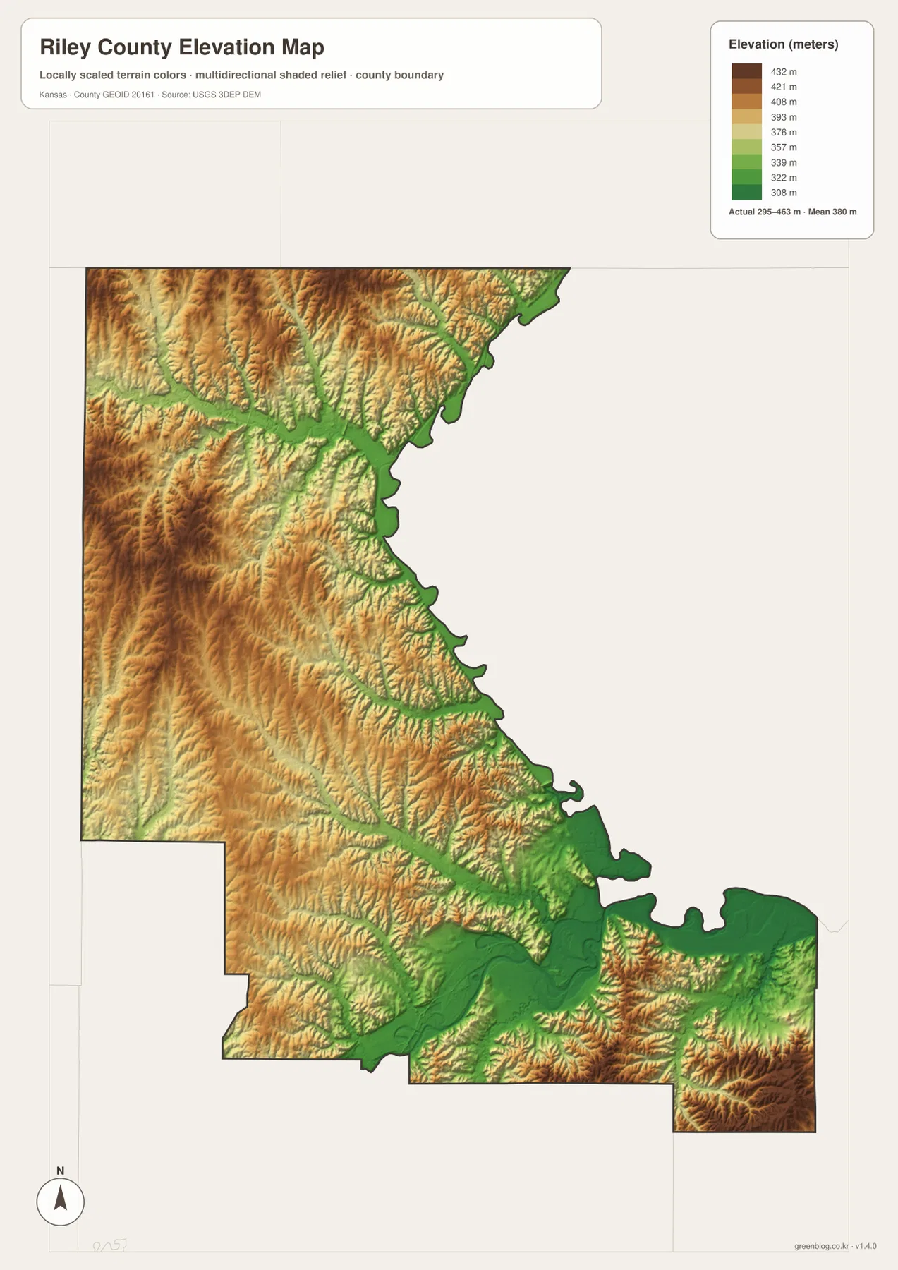 Riley County Kansas elevation map showing 295 to 463 meter relief, Kansas River lowlands, Tuttle Creek valleys and higher western hills