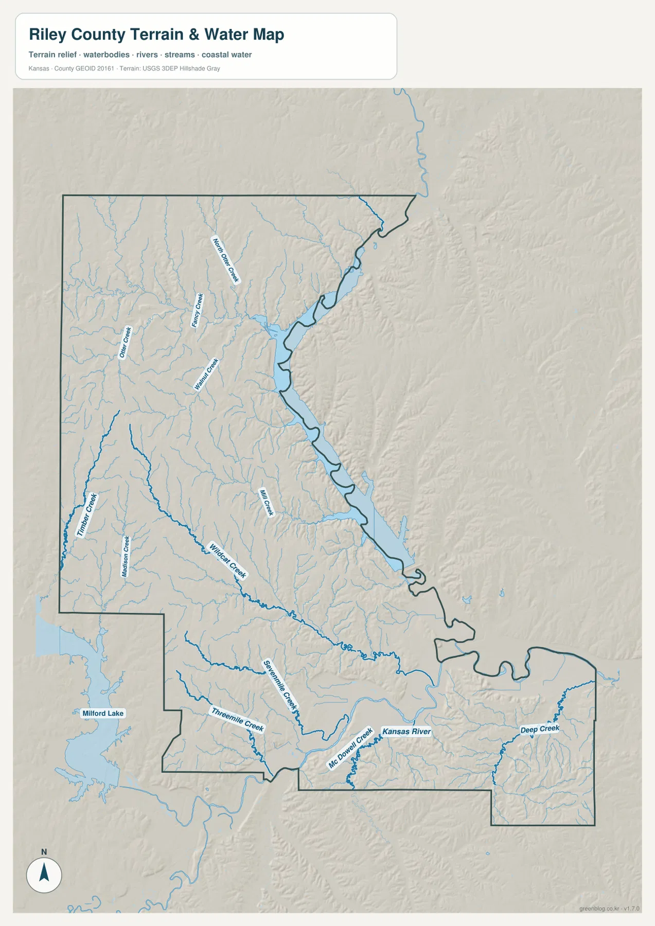 라일리 카운티 Tuttle Creek Lake, Kansas River, Wildcat Creek, McDowell Creek, Threemile Creek 수역 지도