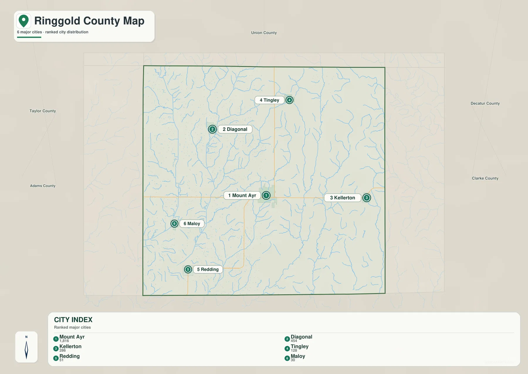 Ringgold County Iowa Mount Ayr Kellerton Diagonal Tingley Redding Maloy 도시 지도