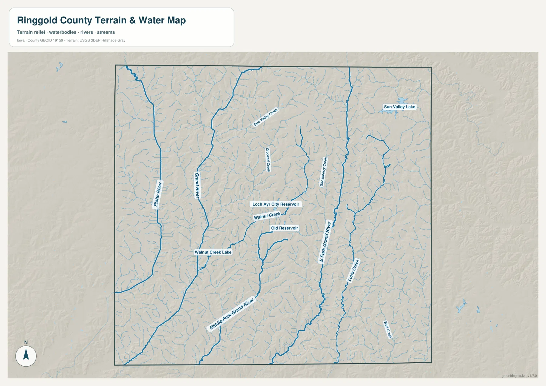 Ringgold County Iowa Platte River Grand River East Fork Grand River Sun Valley Lake 물 지형 지도