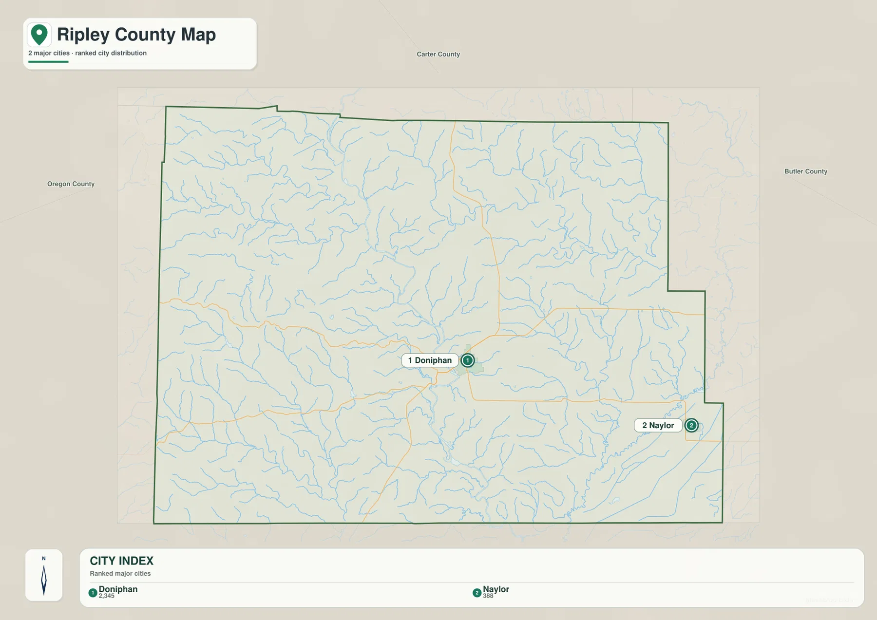 Ripley County city map showing Doniphan and Naylor with ranked city distribution