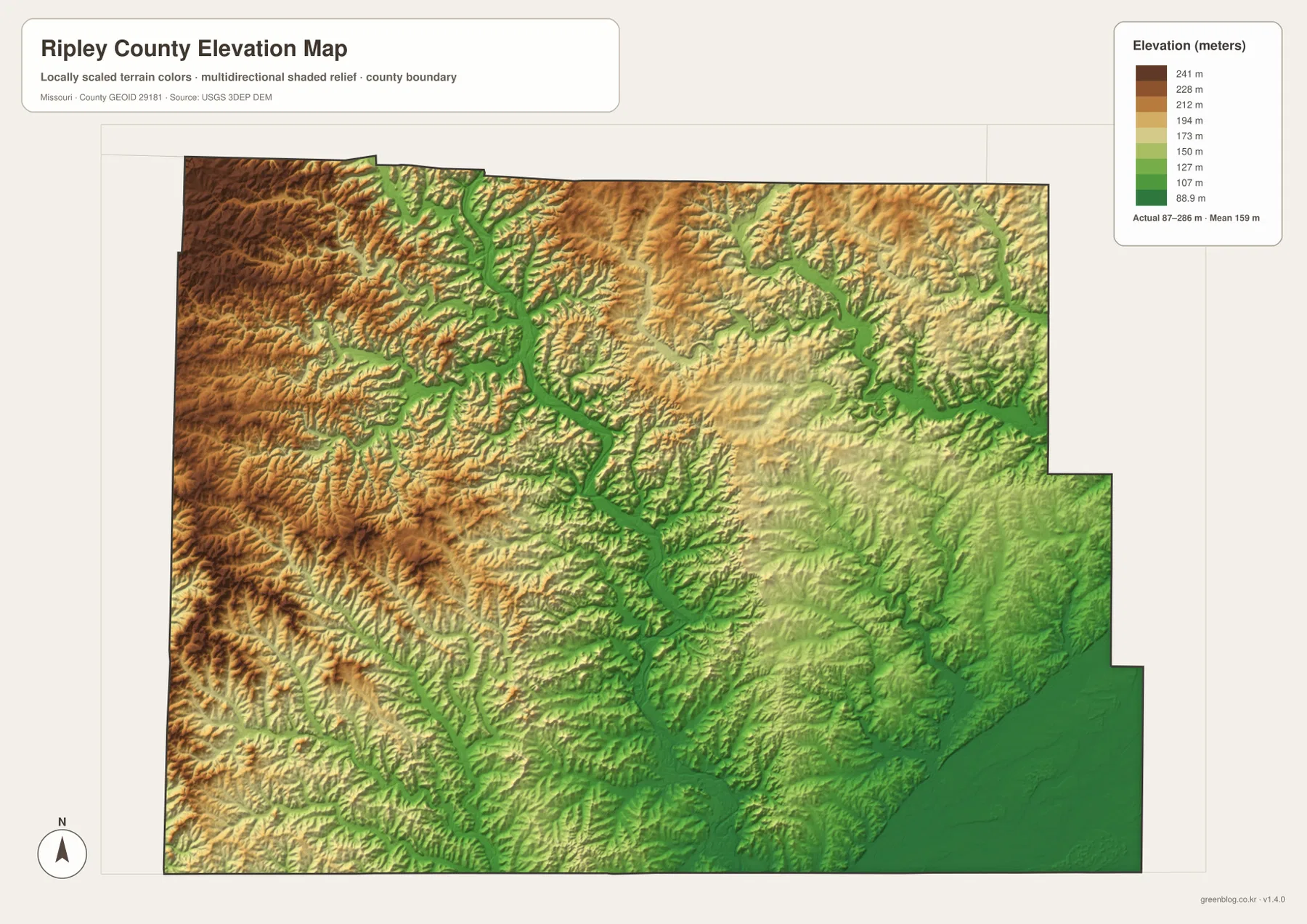 Ripley County elevation map showing 87 to 286 meter relief, high western Ozark ridges, and low Little Black River terrain in the southeast