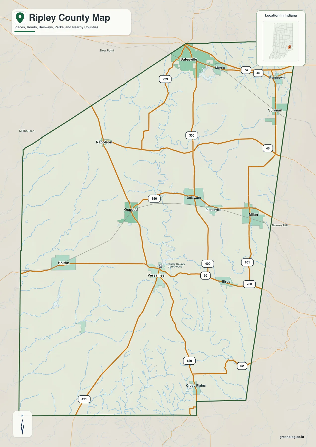 Ripley County 일반 지도에 Batesville, Versailles, Milan, Osgood, Holton, Sunman과 주요 번호 도로가 표시된 모습