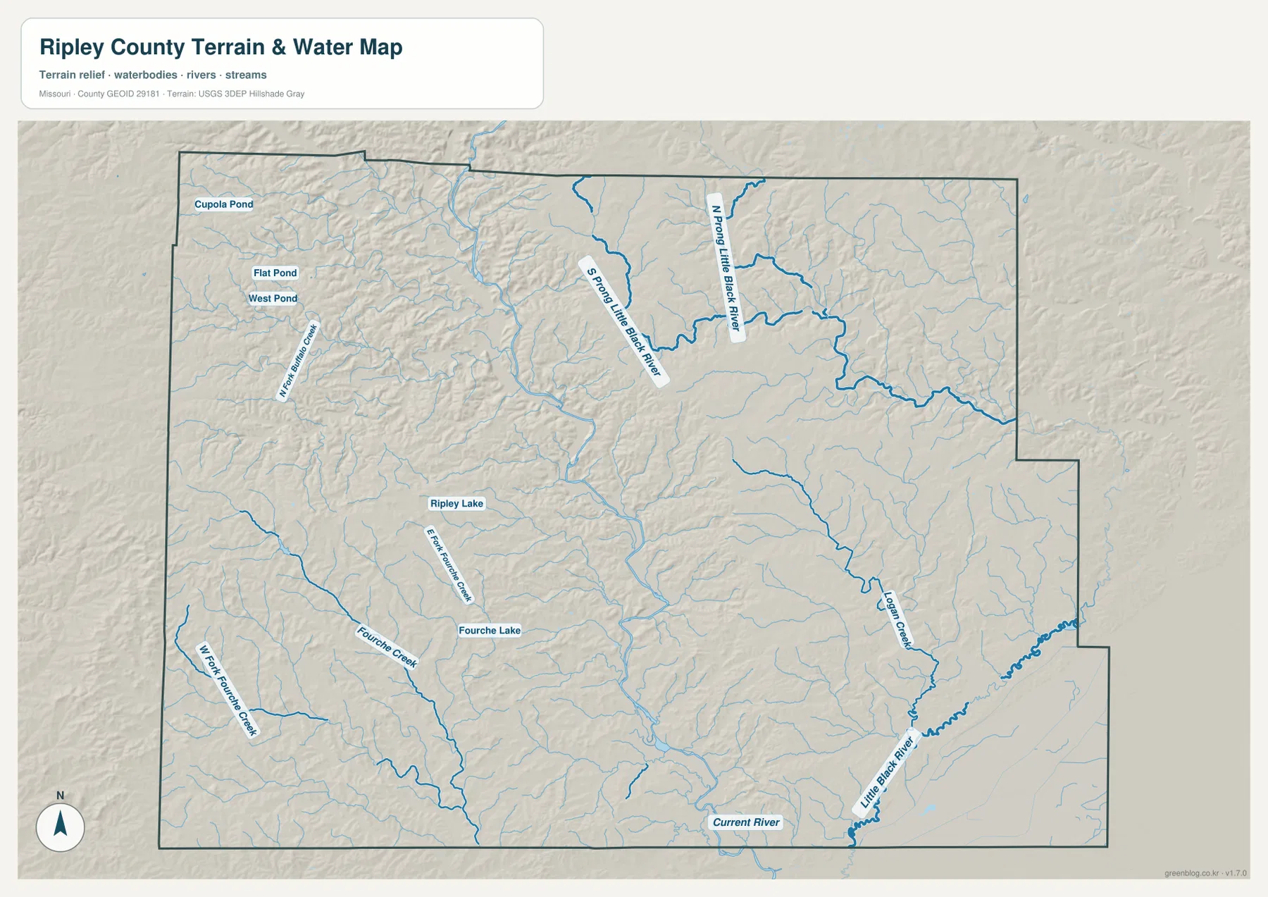 Ripley County terrain and water map showing Little Black River, North and South Prong Little Black River, Current River, Logan Creek, and Fourche Creek