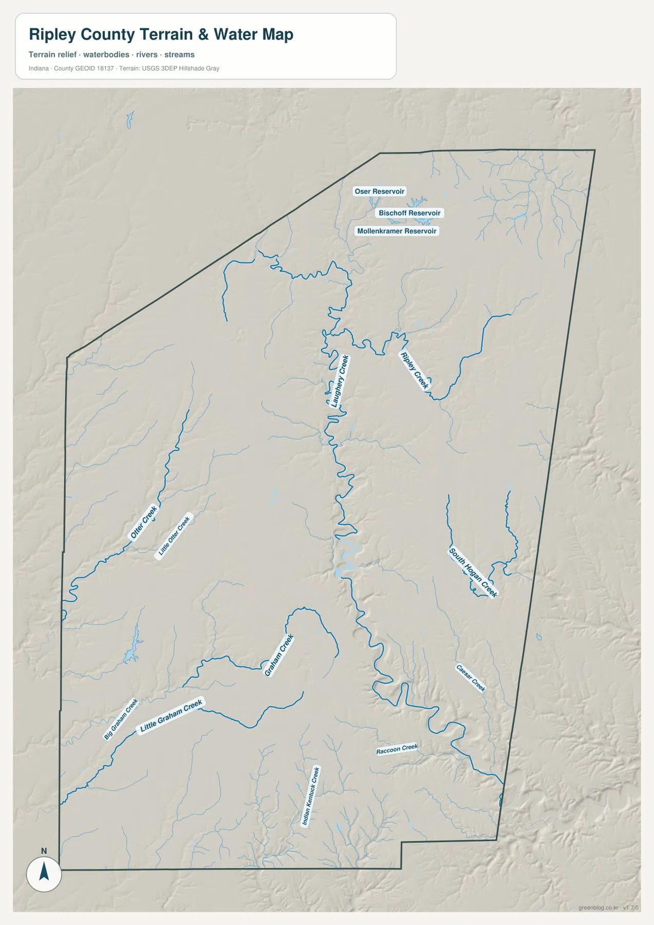 Ripley County 수역 지도에 Laughery Creek, Ripley Creek, Otter Creek, Graham Creek와 북부 저수지가 표시된 모습