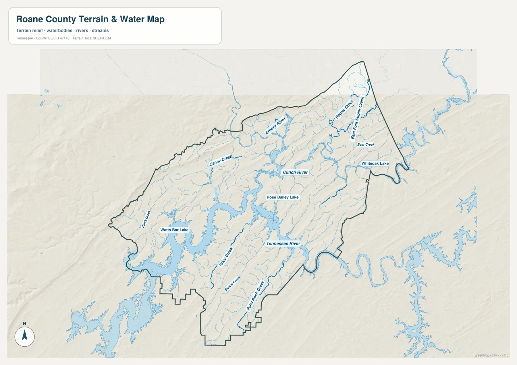 로언 카운티 수역 지도 - Watts Bar Lake, Clinch River, Emory River, Tennessee River