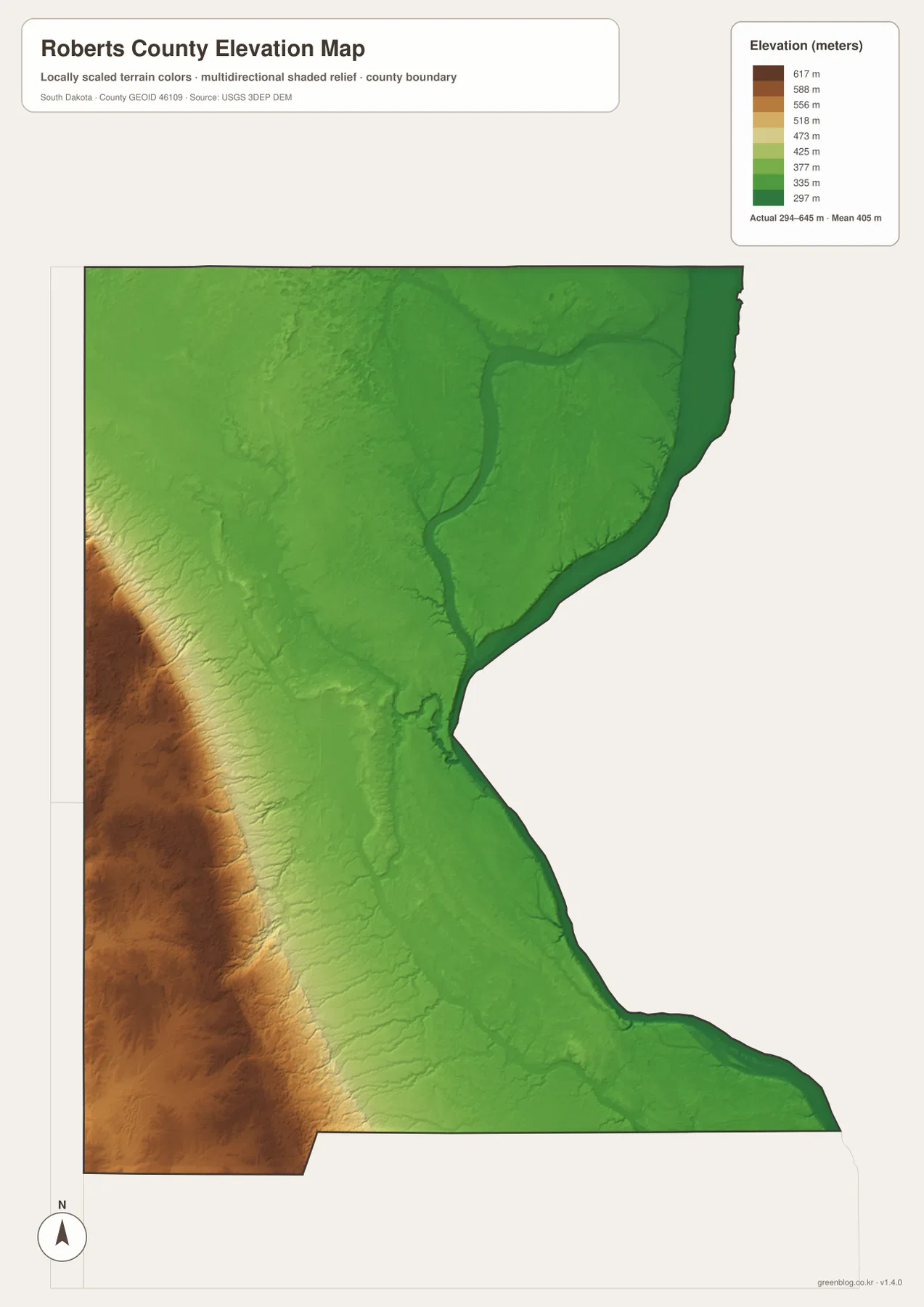 Roberts County South Dakota elevation map with map-legend Actual values about 294 to 645 meters, high western terrain and low central and eastern areas