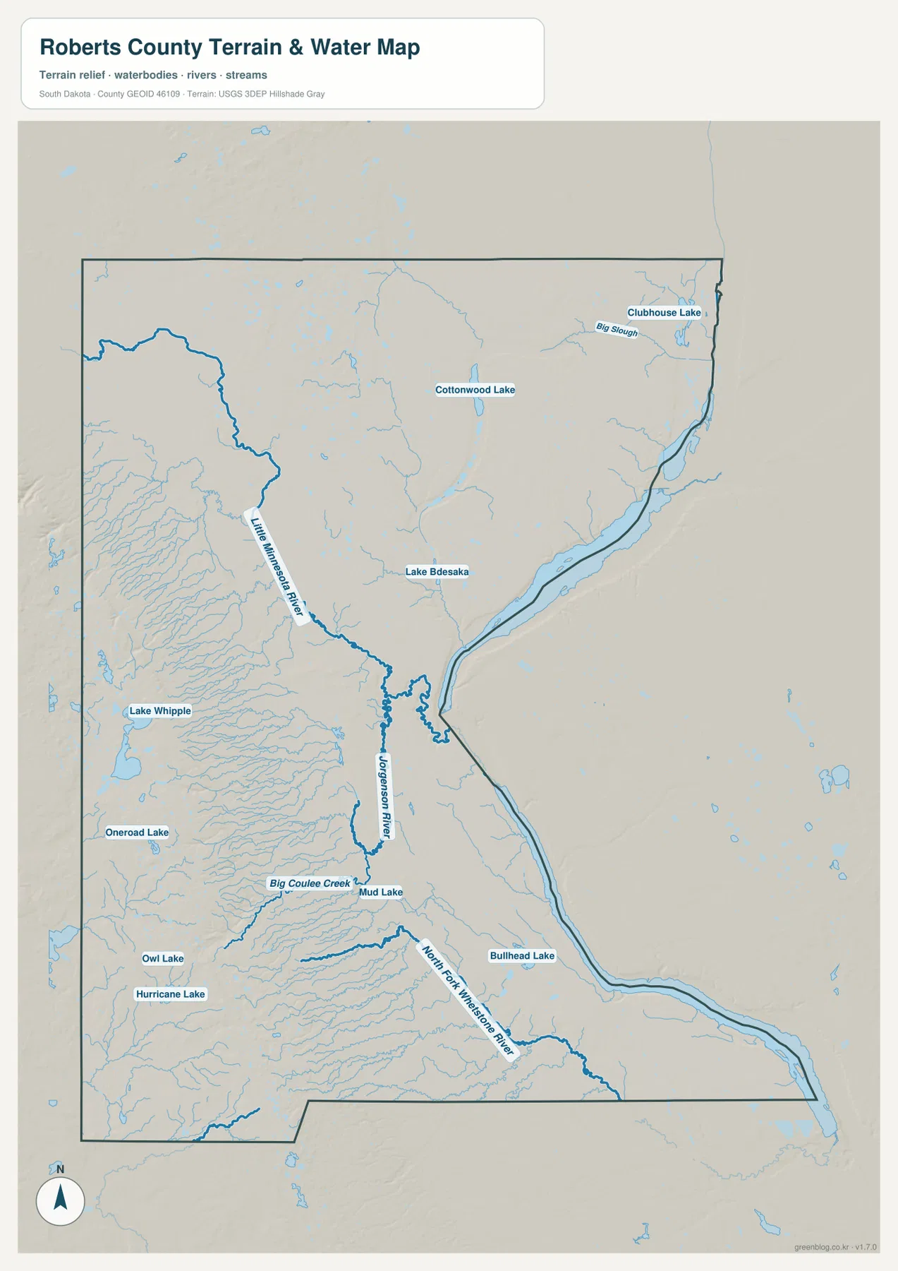 Roberts County water map showing Little Minnesota River, Jorgenson River, North Fork Whetstone River, Big Coulee Creek and named lakes