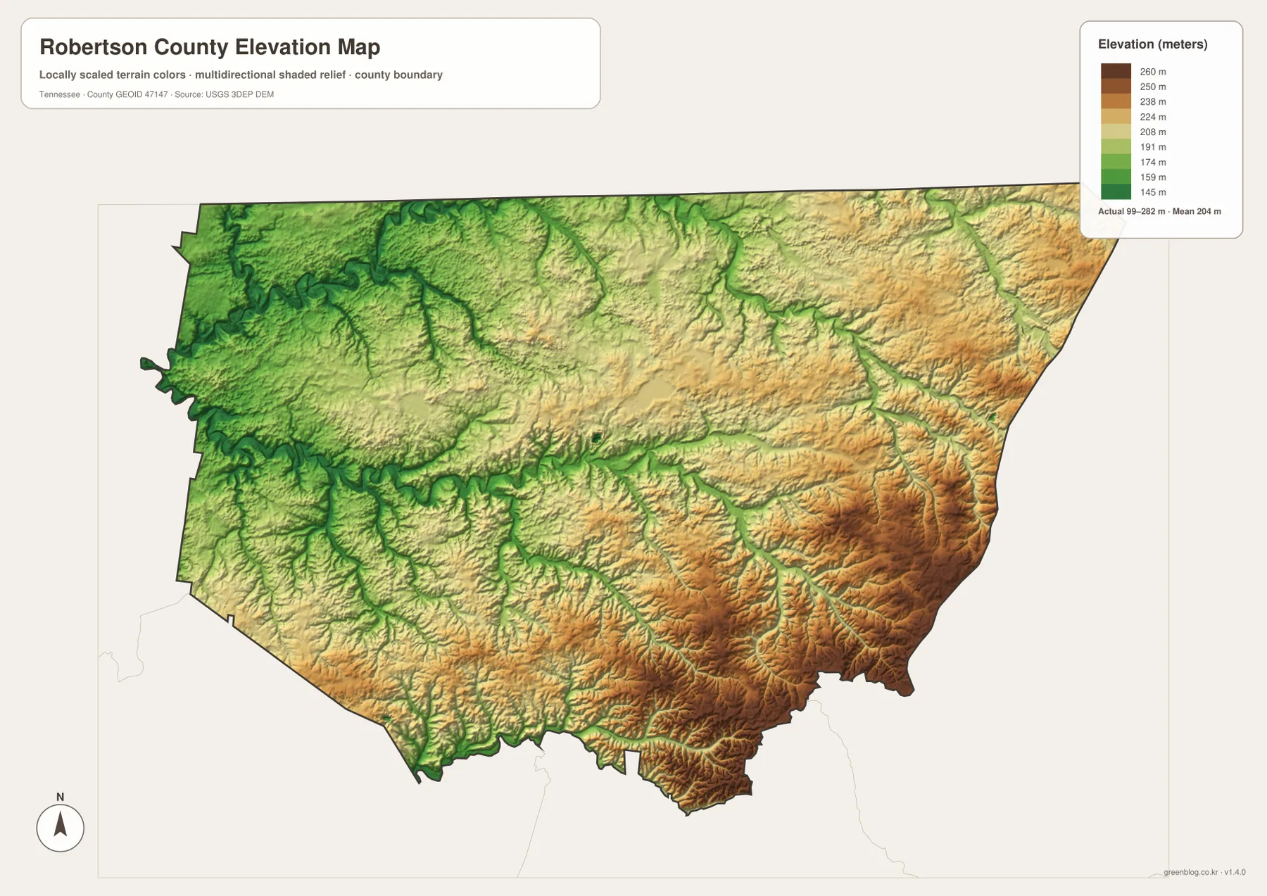 Robertson County elevation map showing 99 to 282 meter relief and higher southeastern hills