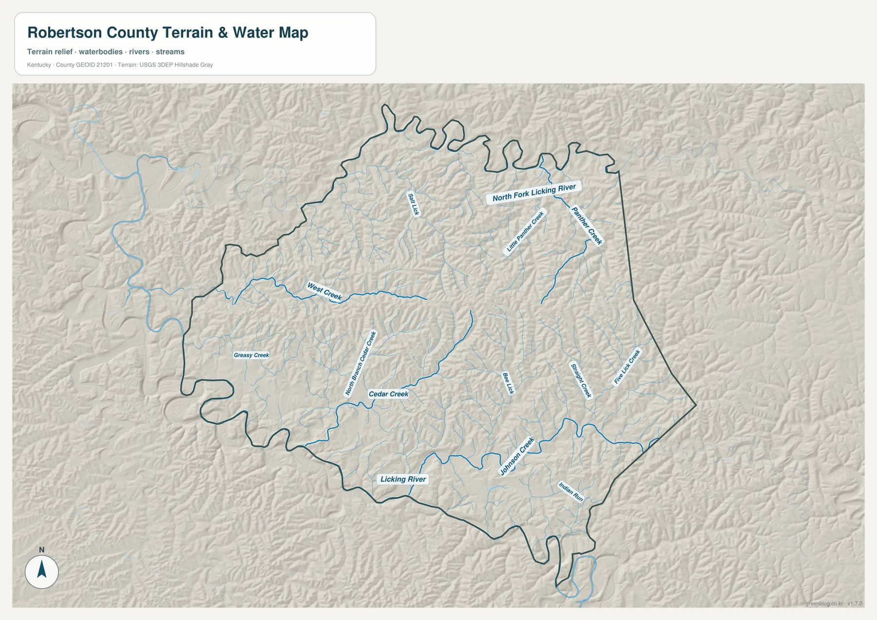 Robertson County의 Licking River, North Fork Licking River와 주요 지류를 표시한 지형·수역 지도