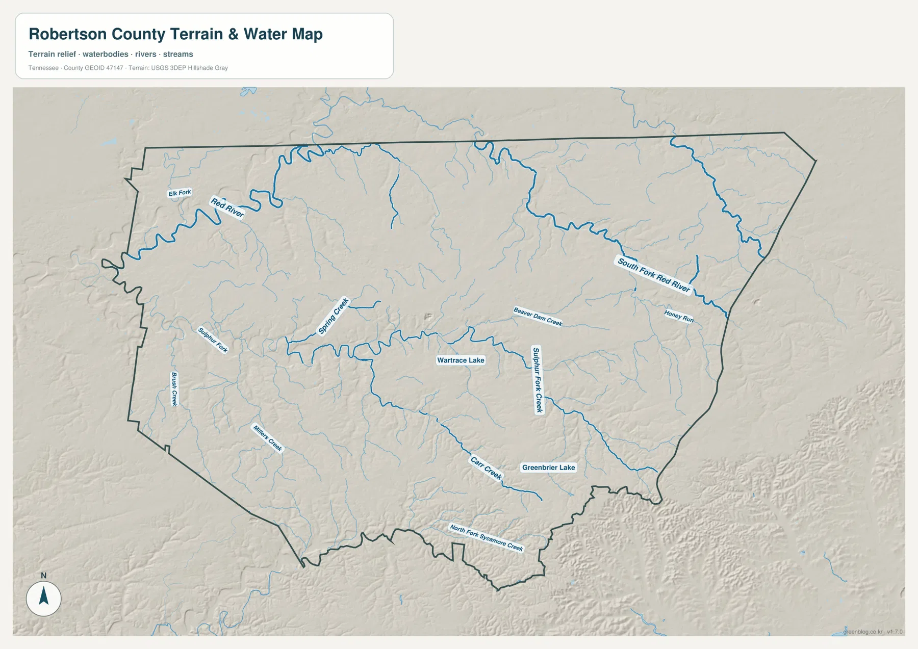 Robertson County water map with Red River, Sulphur Fork, South Fork Red River, Wartrace Lake, and Greenbrier Lake