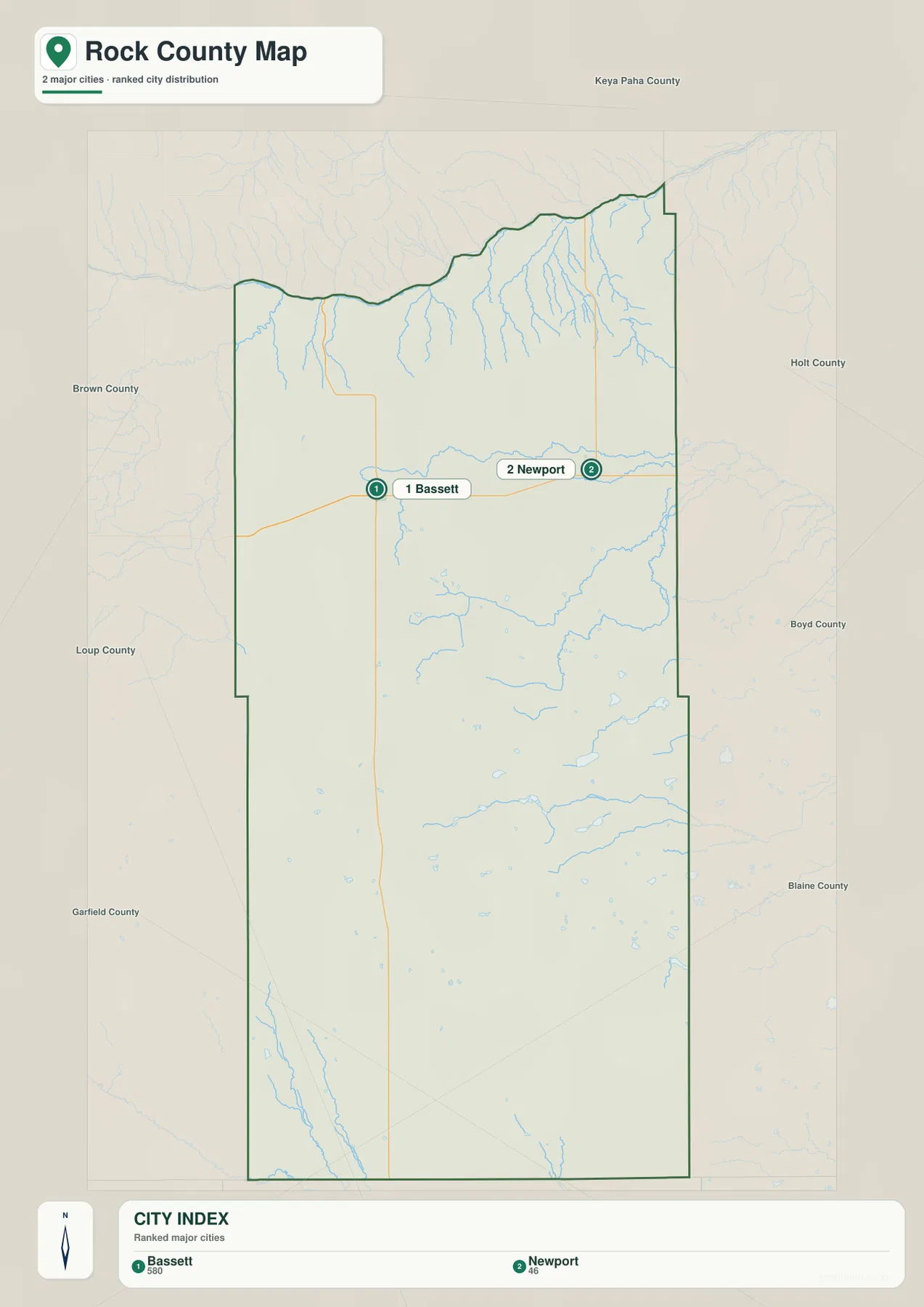 Rock County Nebraska settlement map showing Bassett and Newport