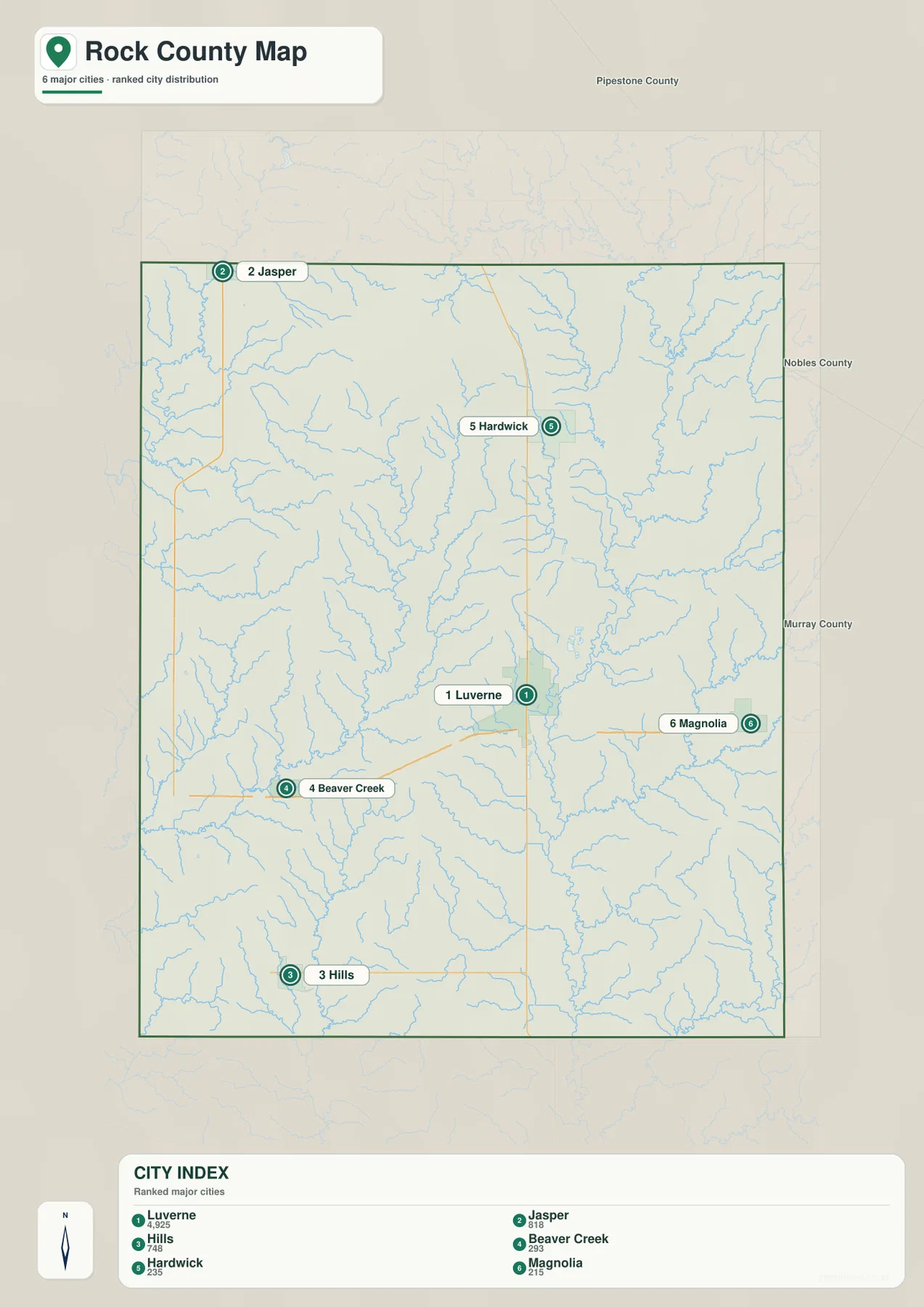 Luverne, Jasper, Hills, Beaver Creek, Hardwick, Magnolia가 표시된 Rock County 도시 지도