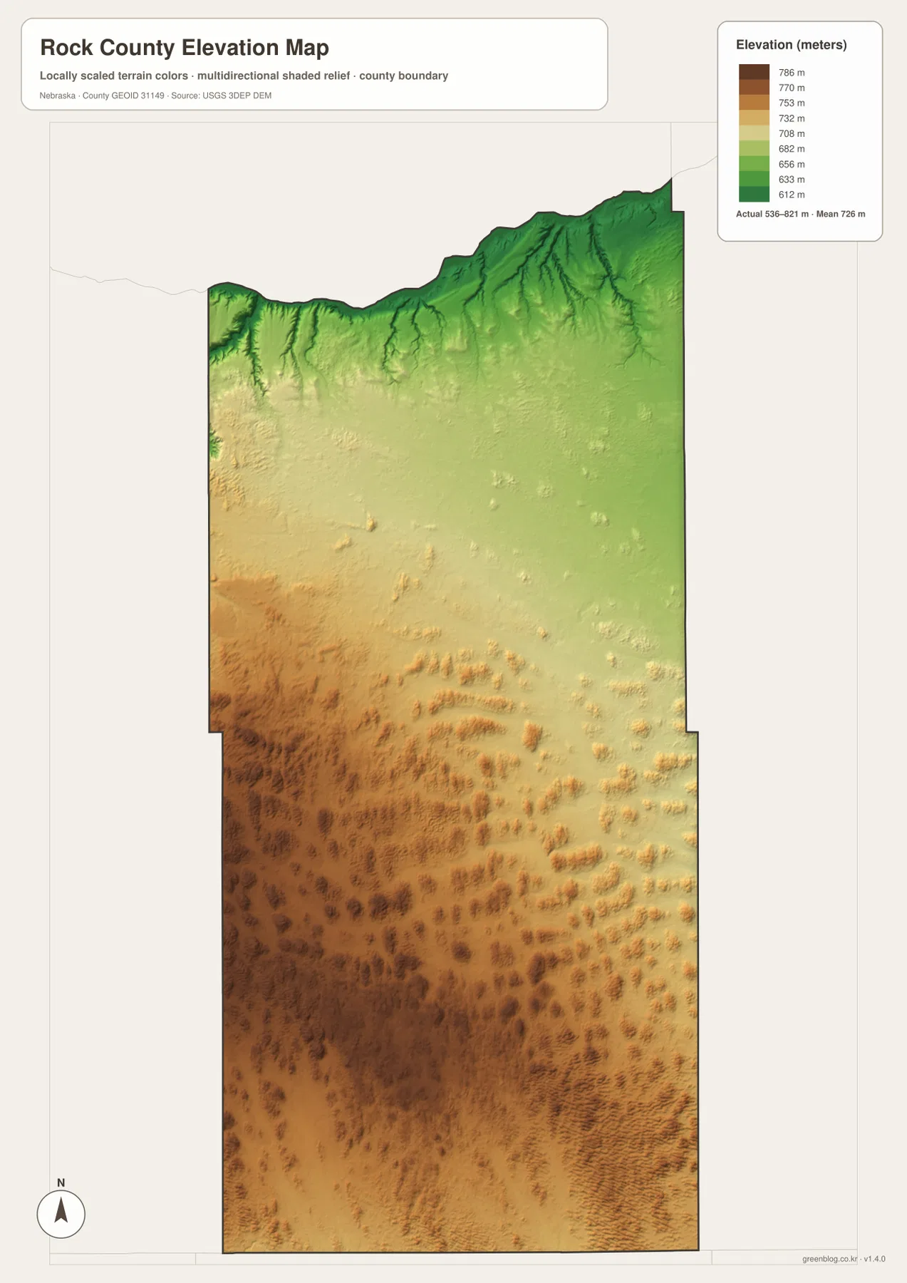 Rock County Nebraska elevation map showing lower northern river valleys and higher southern Sandhills