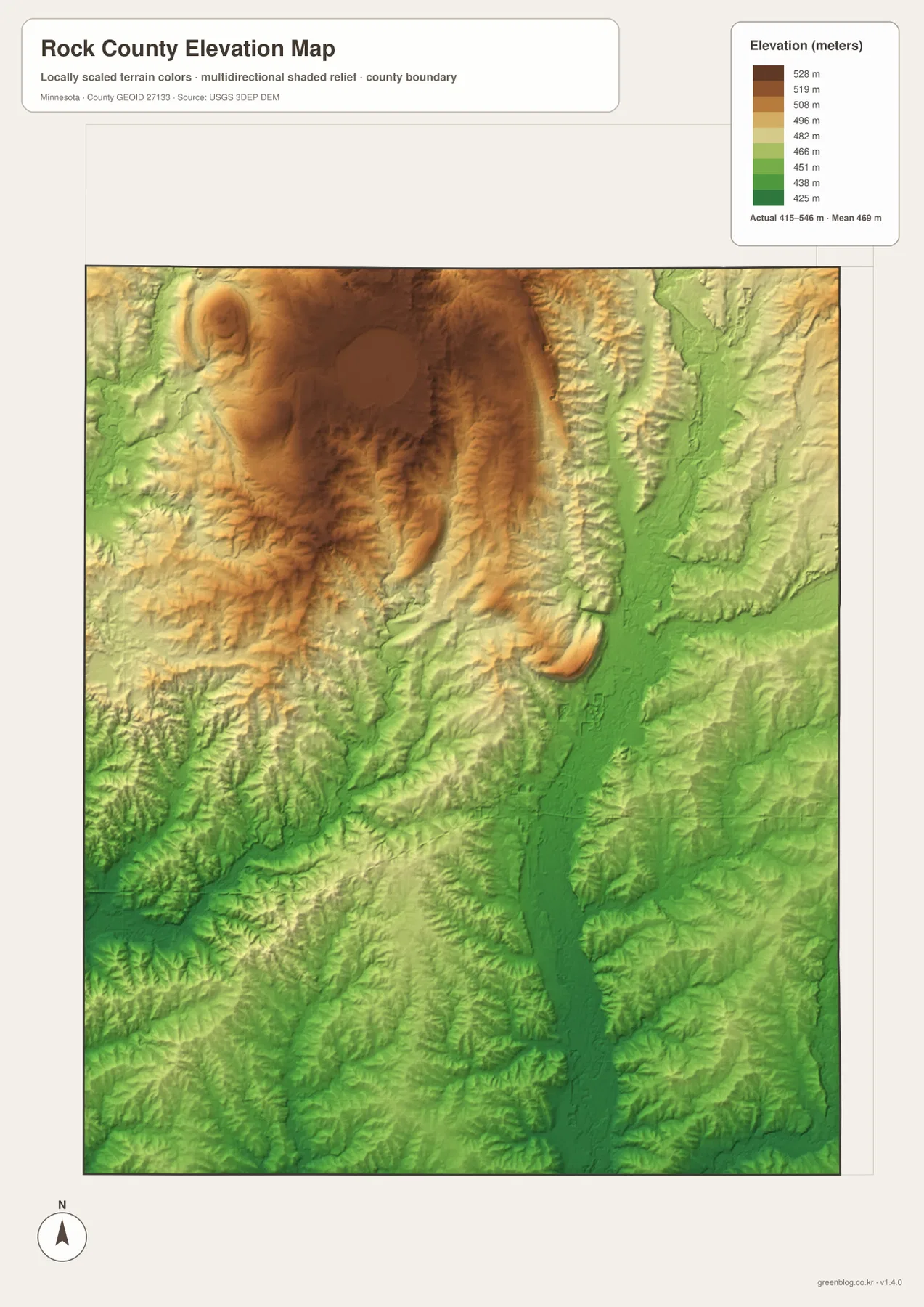 415m에서 546m 사이의 높이와 Rock River 계곡, Blue Mounds 주변 고지가 나타난 Rock County 고도 지도