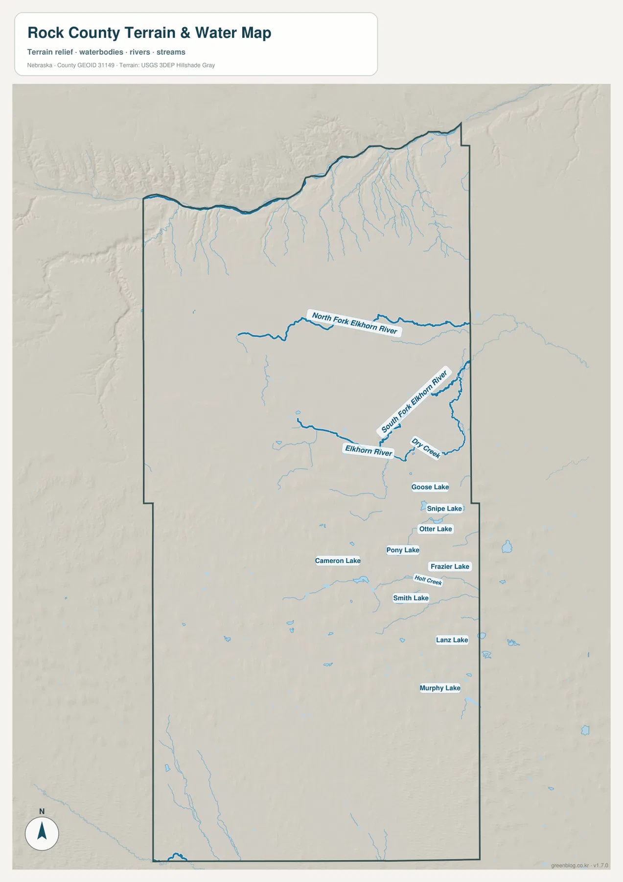 Rock County Nebraska water map showing North Fork Elkhorn River, South Fork Elkhorn River, Dry Creek and Sandhills lakes
