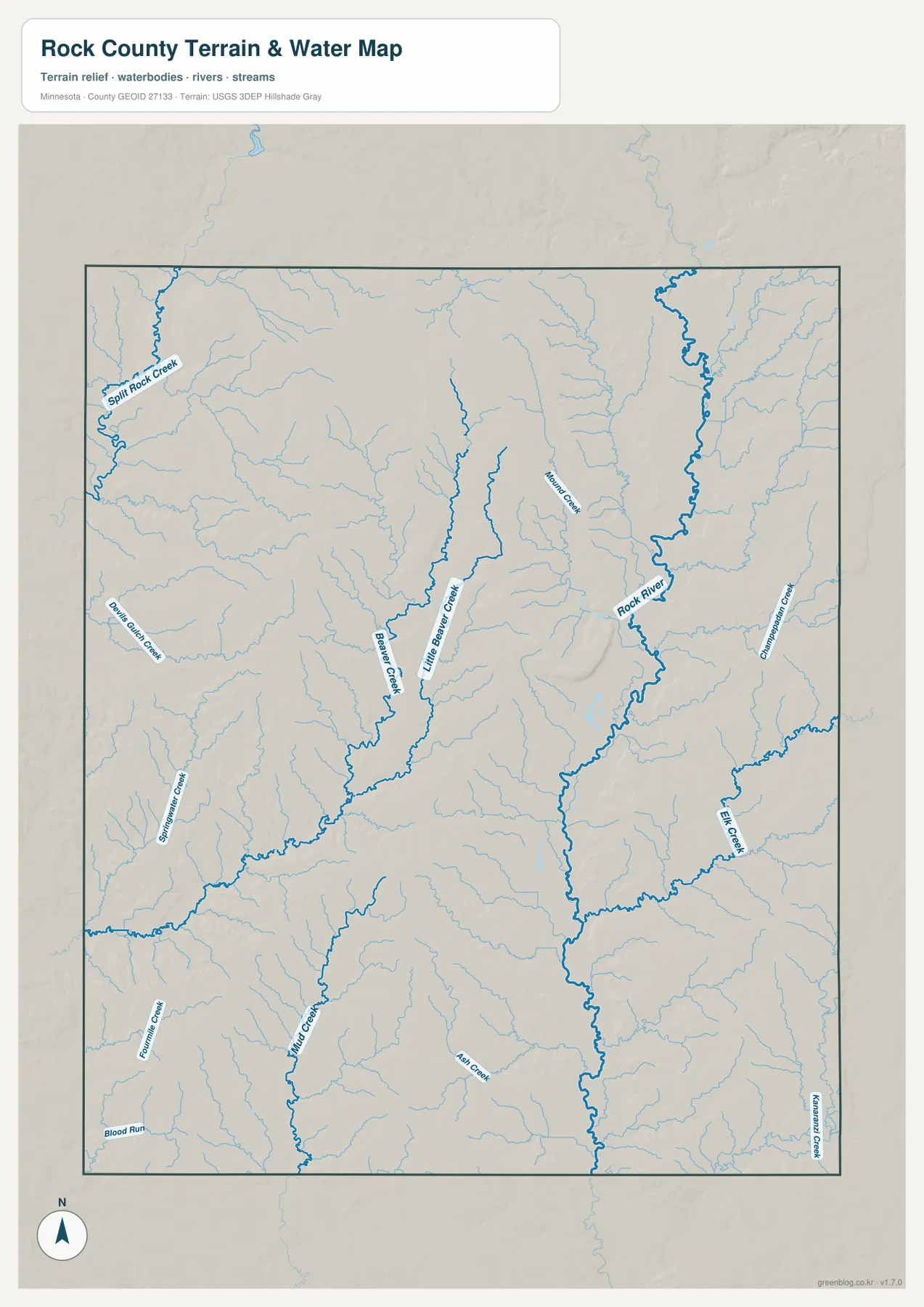 Rock River, Beaver Creek, Little Beaver Creek, Split Rock Creek, Mound Creek가 표시된 Rock County 수역 지도
