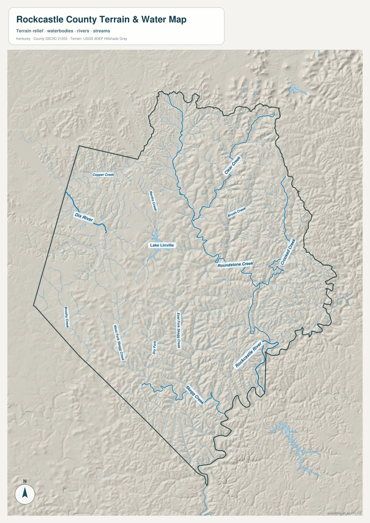 Lake Linville, Dix River, Roundstone Creek, Rockcastle River 등이 표시된 수역 지도