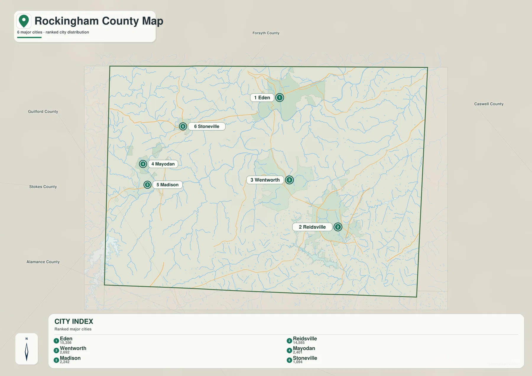 Rockingham County city distribution map showing Eden Reidsville Wentworth Mayodan Madison and Stoneville