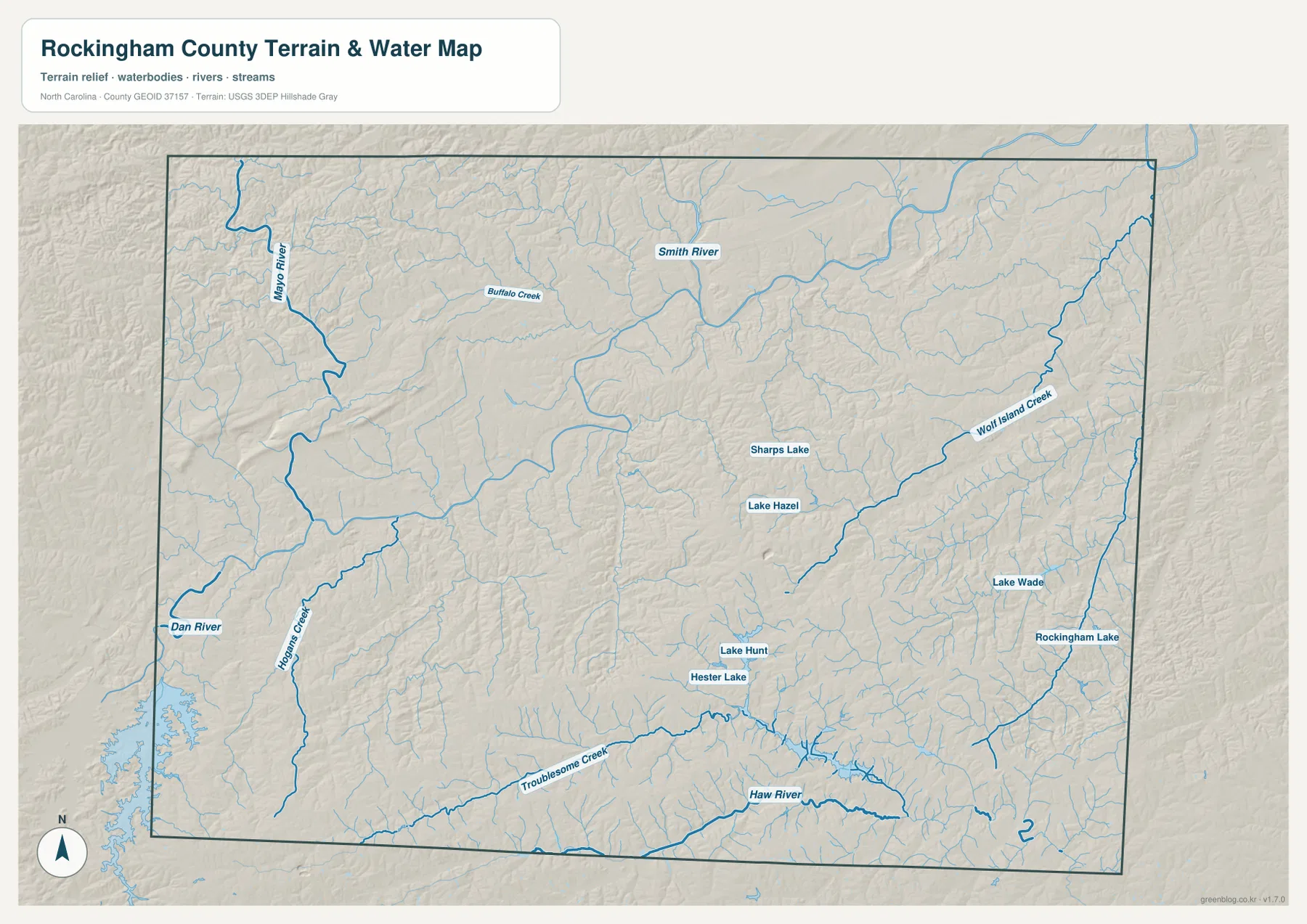 Rockingham County terrain and water map showing Dan River Mayo River Smith River Haw River creeks and lakes