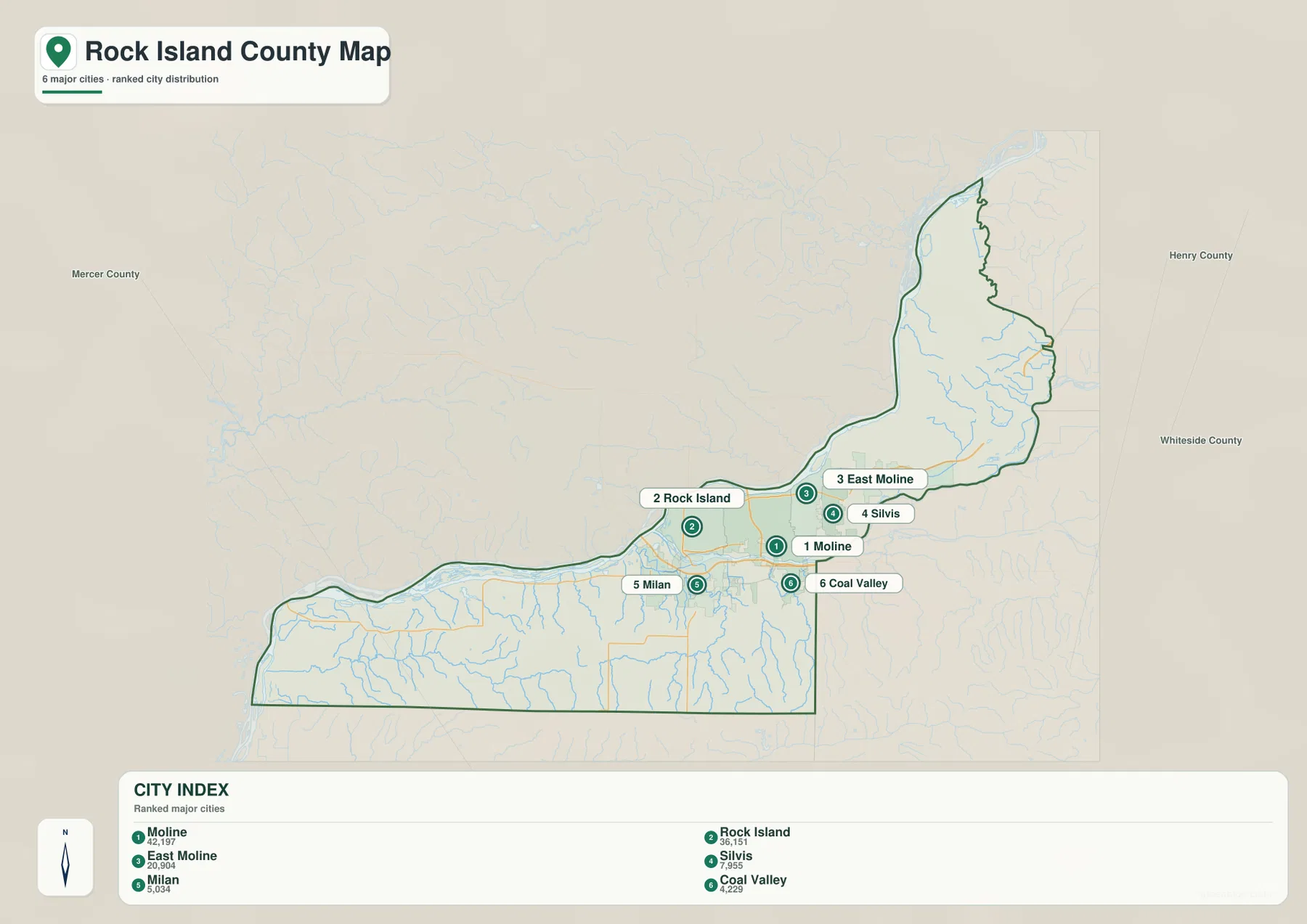 Moline, Rock Island, East Moline, Silvis, Milan, Coal Valley의 순위와 위치를 보여 주는 Rock Island County 도시 인덱스 지도