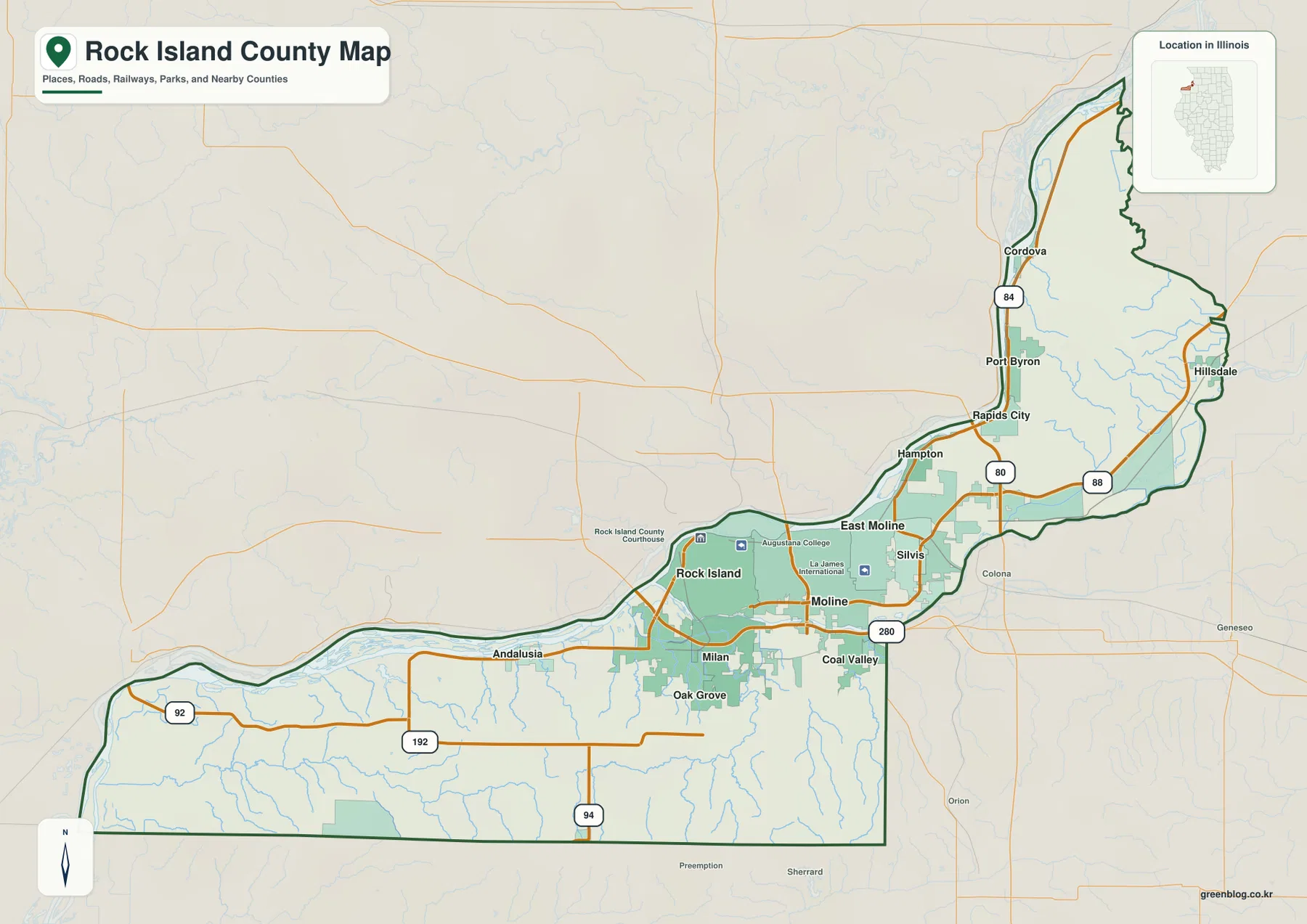 Rock Island, Moline, East Moline, Silvis, Milan, Coal Valley와 주요 도로를 보여 주는 Rock Island County 지도