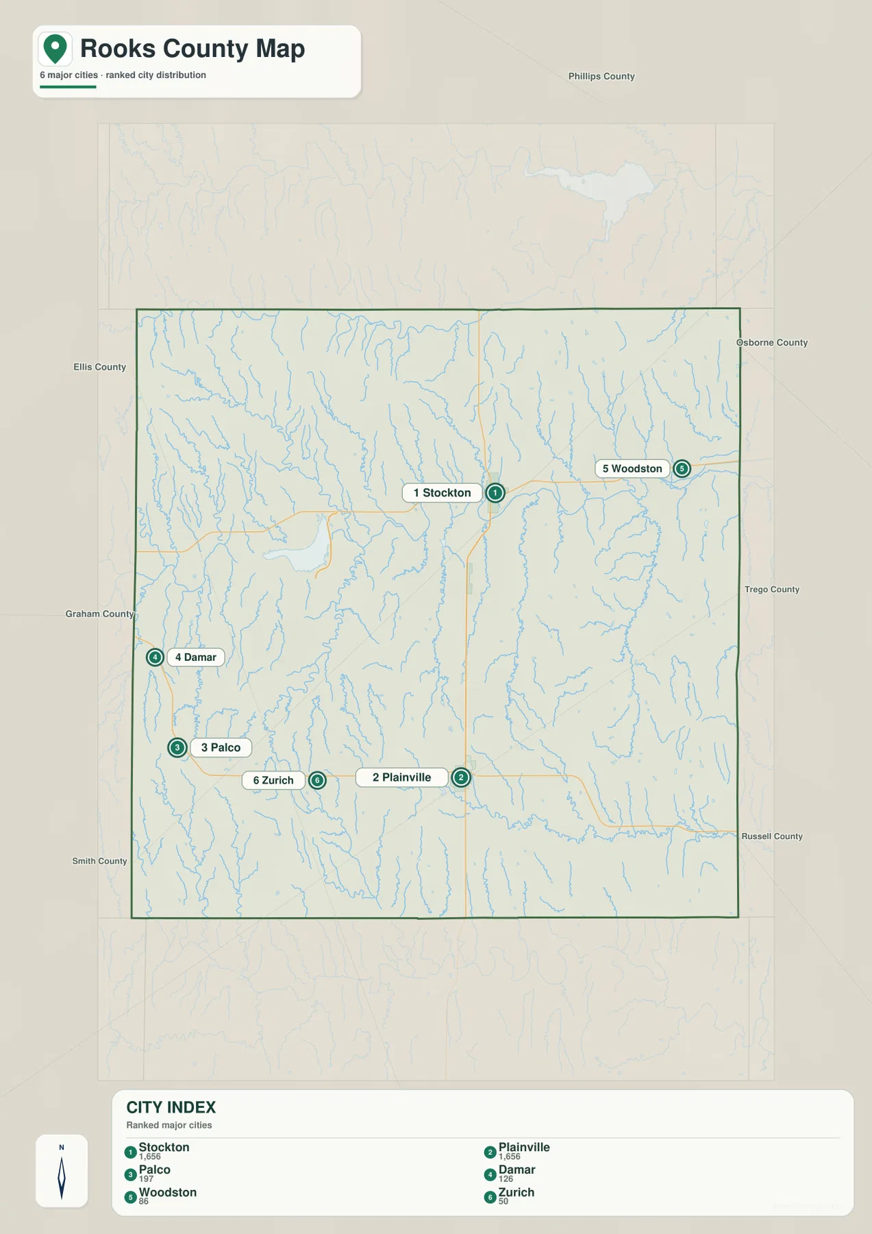 Rooks County Kansas city map showing Stockton, Plainville, Palco, Damar, Woodston and Zurich