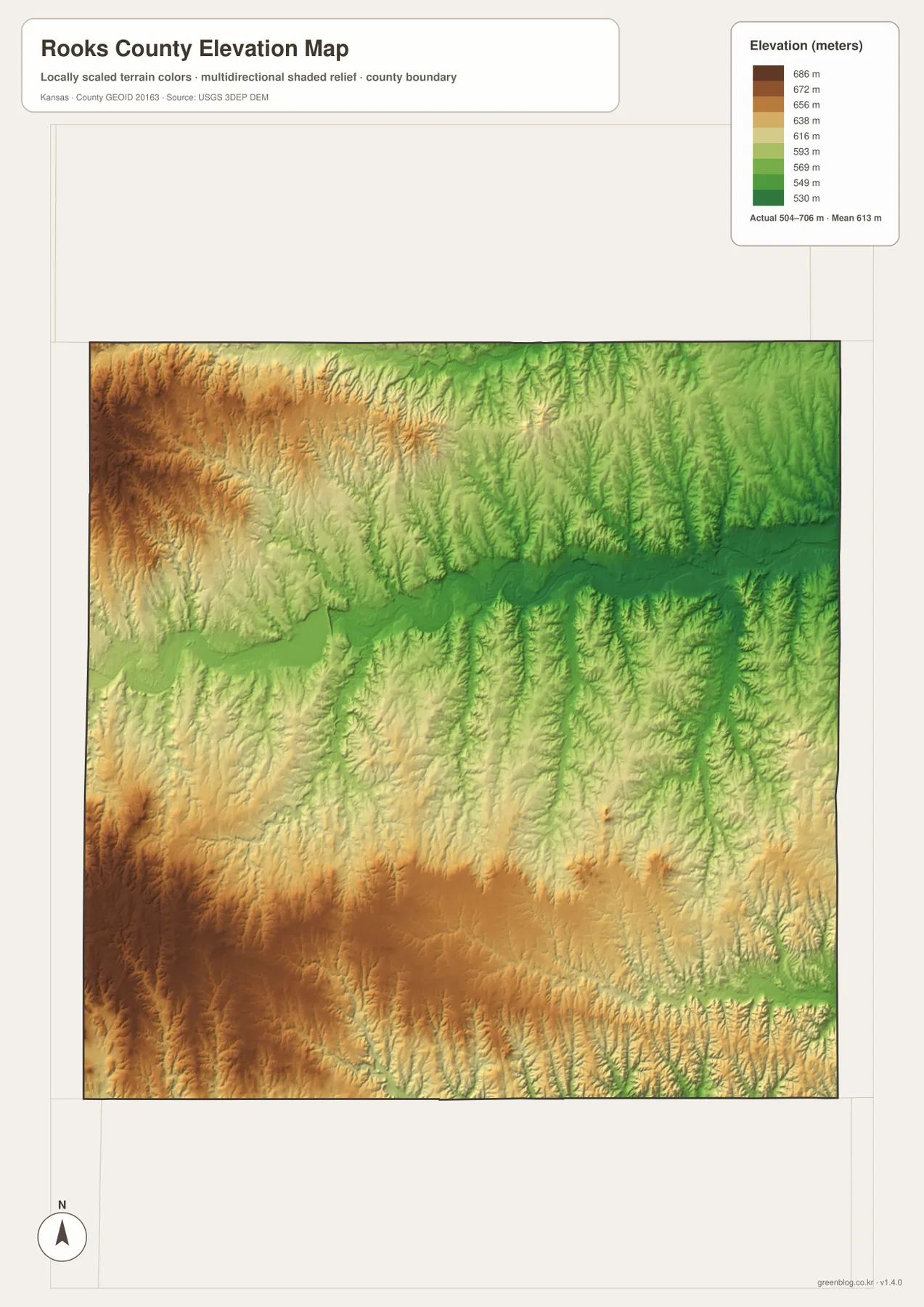 Rooks County Kansas elevation map showing 504 to 706 meter relief, high western uplands and lower South Fork Solomon River valley