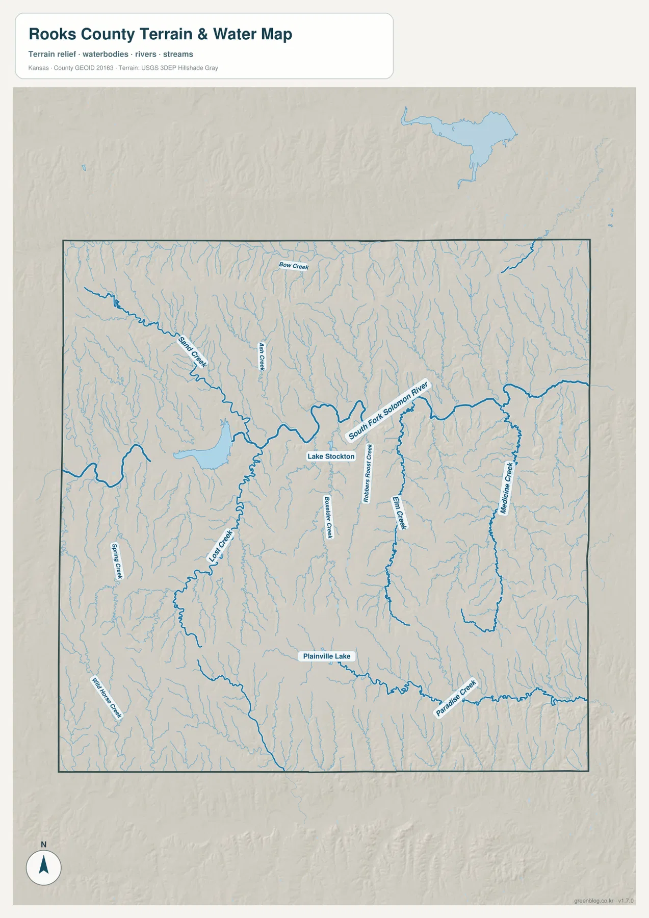 Rooks County Kansas terrain and water map showing South Fork Solomon River, Sand Creek, Ash Creek, Lost Creek, Elm Creek and Medicine Creek