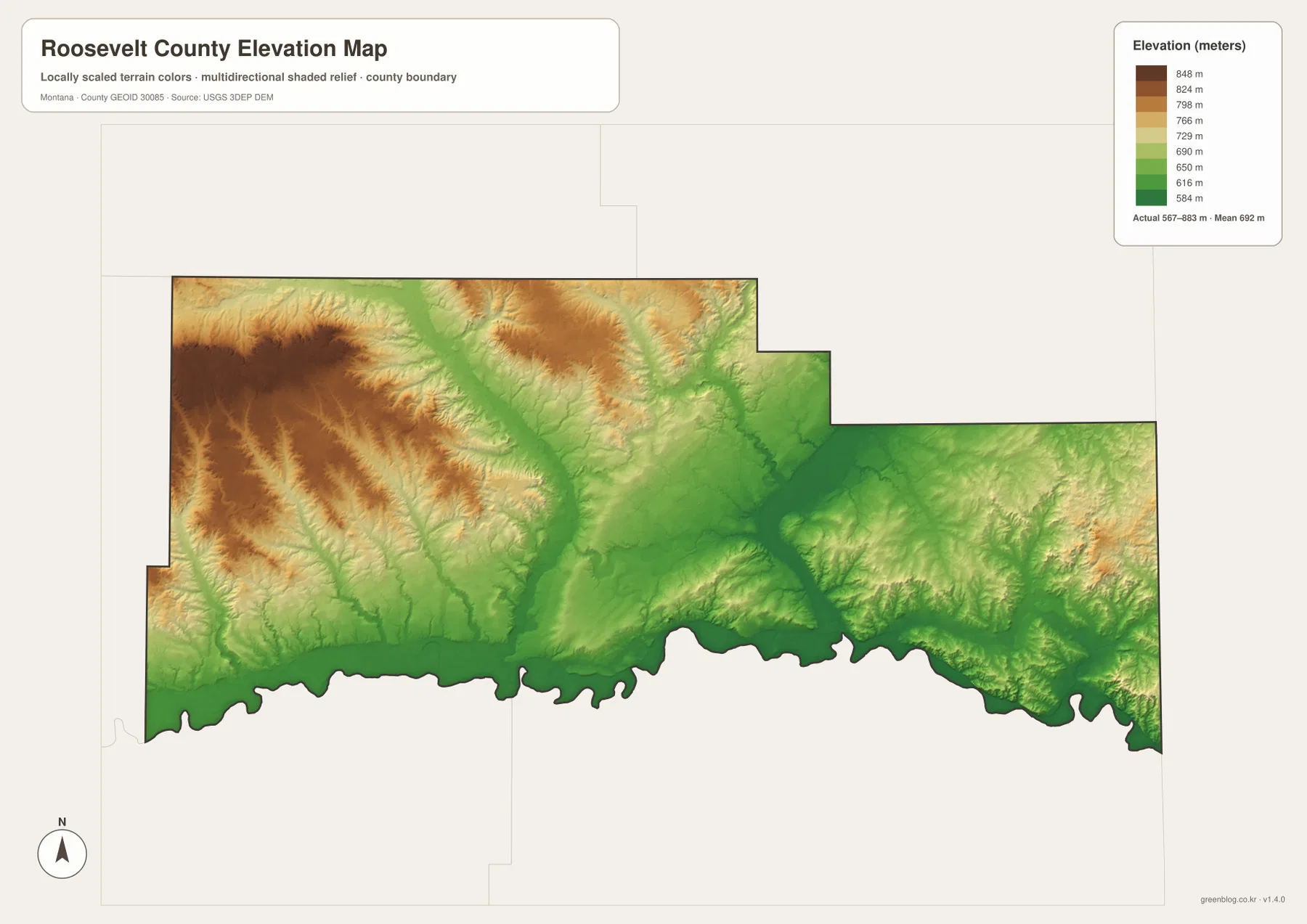 567~883m 실제 고도 범위와 평균 692m를 표시한 Roosevelt County Montana 고도 지도