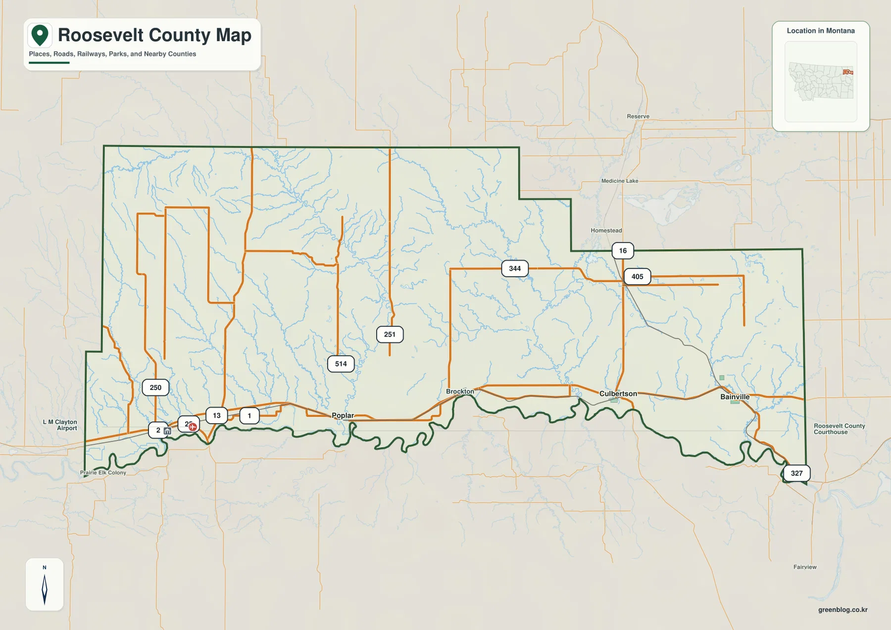 Wolf Point, Poplar, Brockton, Culbertson, Bainville과 U.S. 2 및 주요 도로를 표시한 Roosevelt County Montana 지도