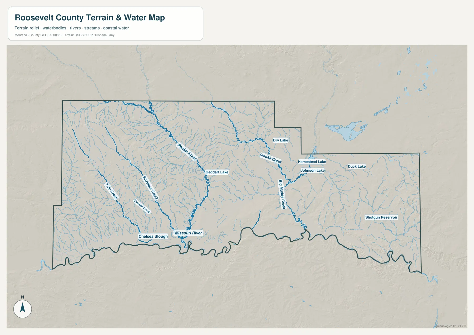 Missouri River, Poplar River, Big Muddy Creek, Smoke Creek, Tule Creek와 주요 호수·저수지를 표시한 Roosevelt County 수역 지형 지도