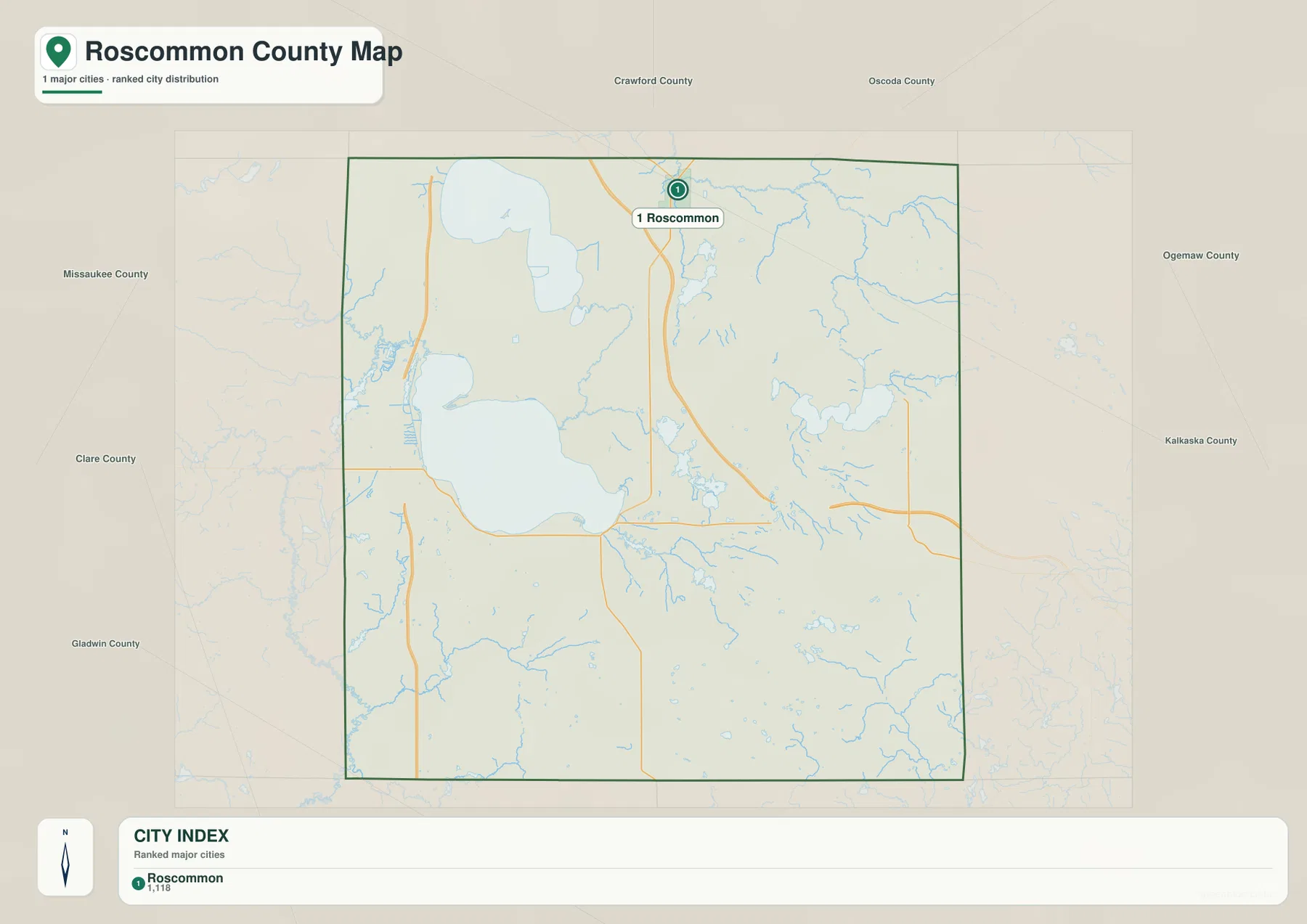 Roscommon County city index map highlighting Roscommon and neighboring counties