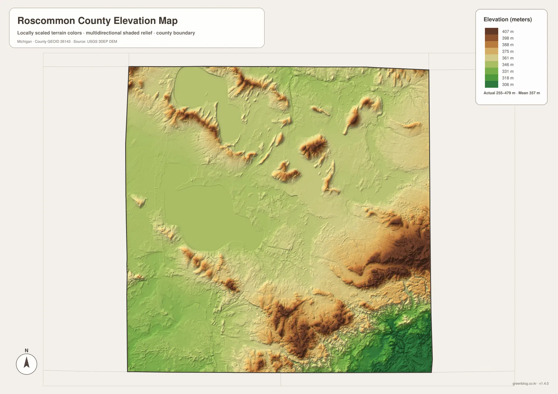 Roscommon County elevation map showing lower lake basins and higher terrain in the southeast and south