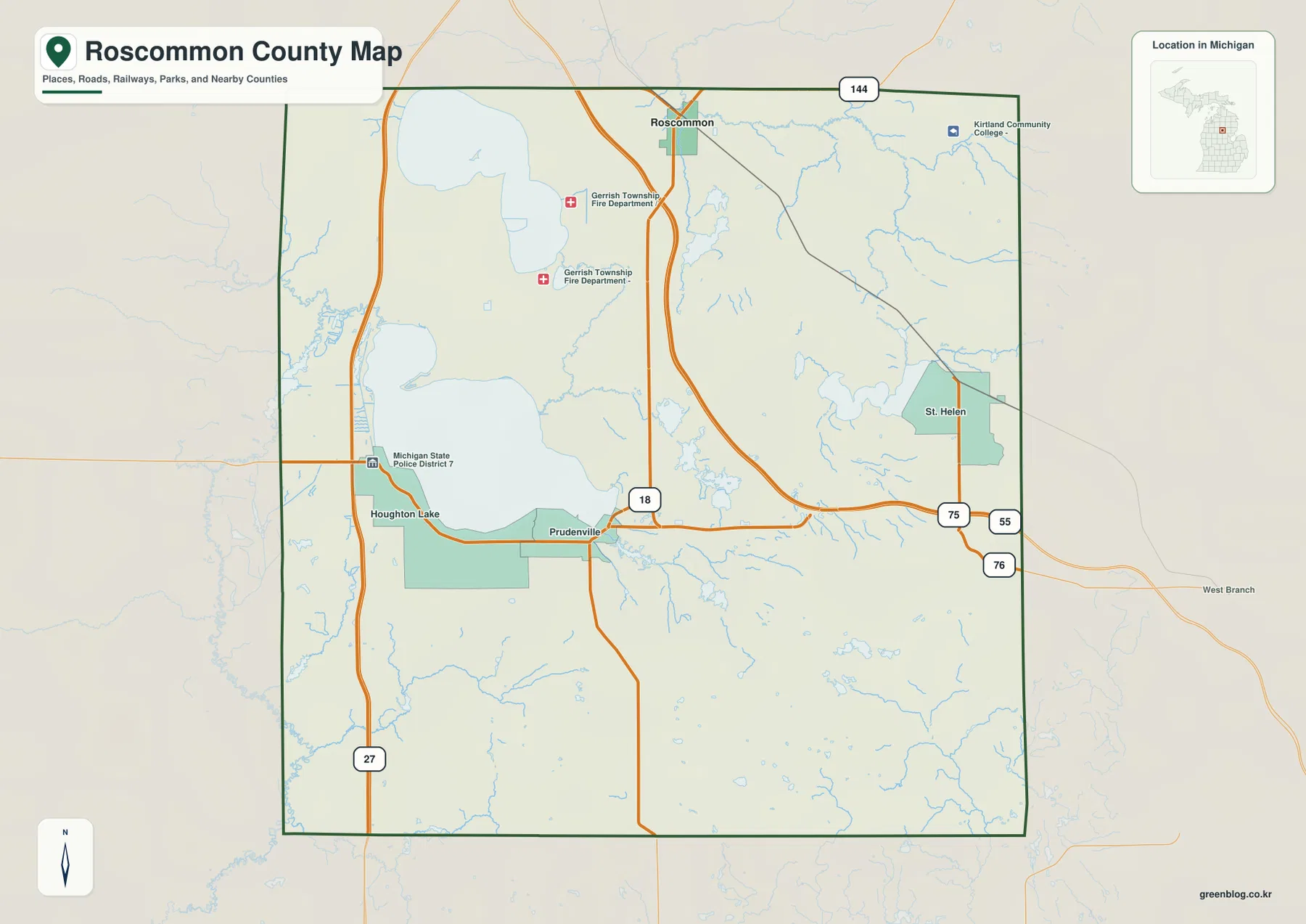 Roscommon County map showing Roscommon, Houghton Lake, Prudenville, St. Helen, US-127, I-75, M-55, and M-18