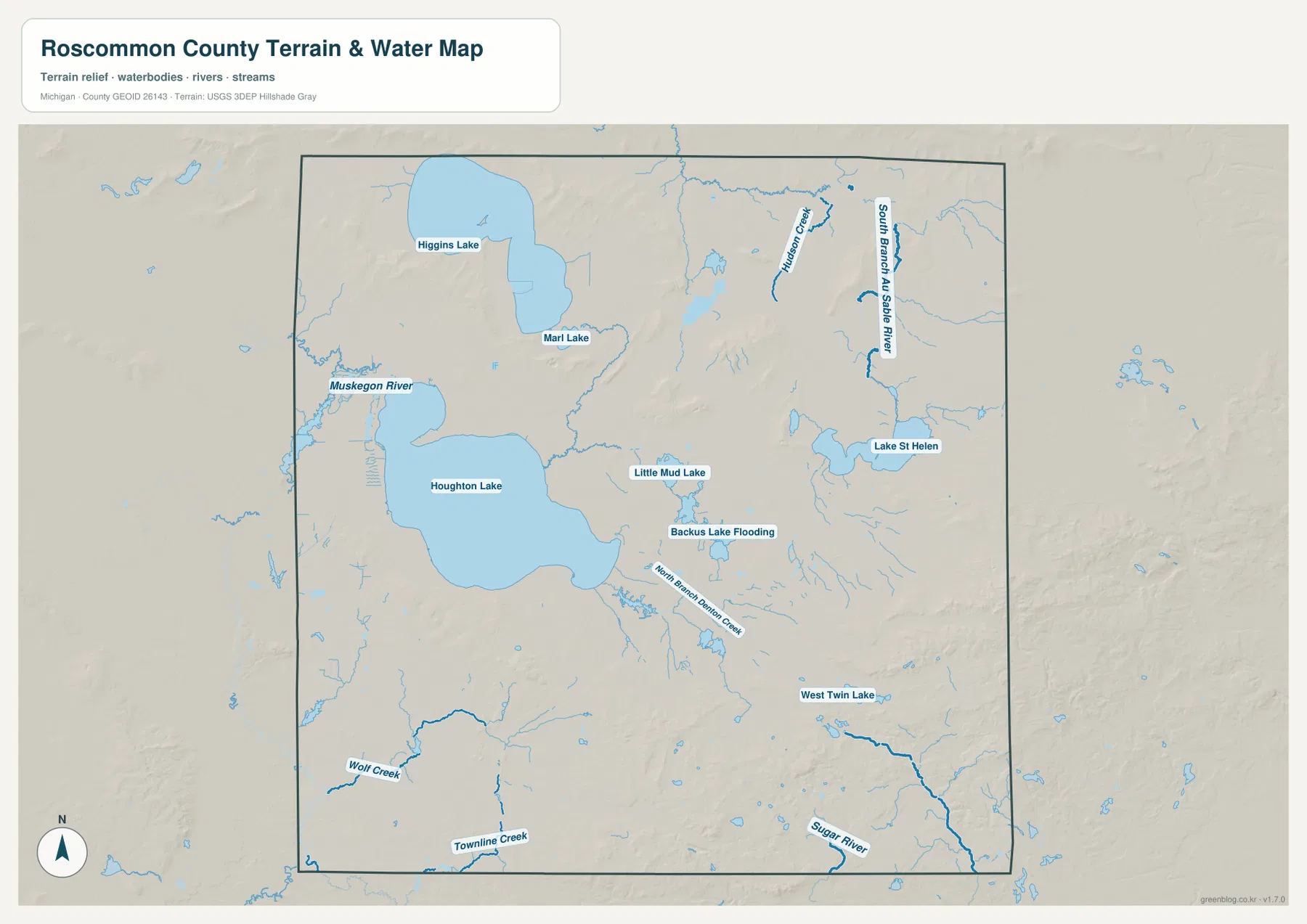 Roscommon County water map with Houghton Lake, Higgins Lake, Marl Lake, Lake St Helen, Muskegon River, and Au Sable headwaters