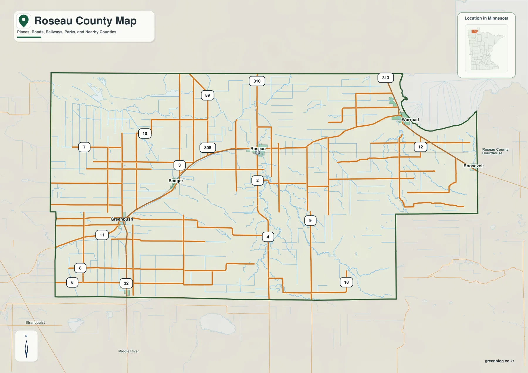 Roseau, Warroad, Greenbush, Badger와 MN 11, 주요 도로 및 Roseau County 경계를 표시한 지도
