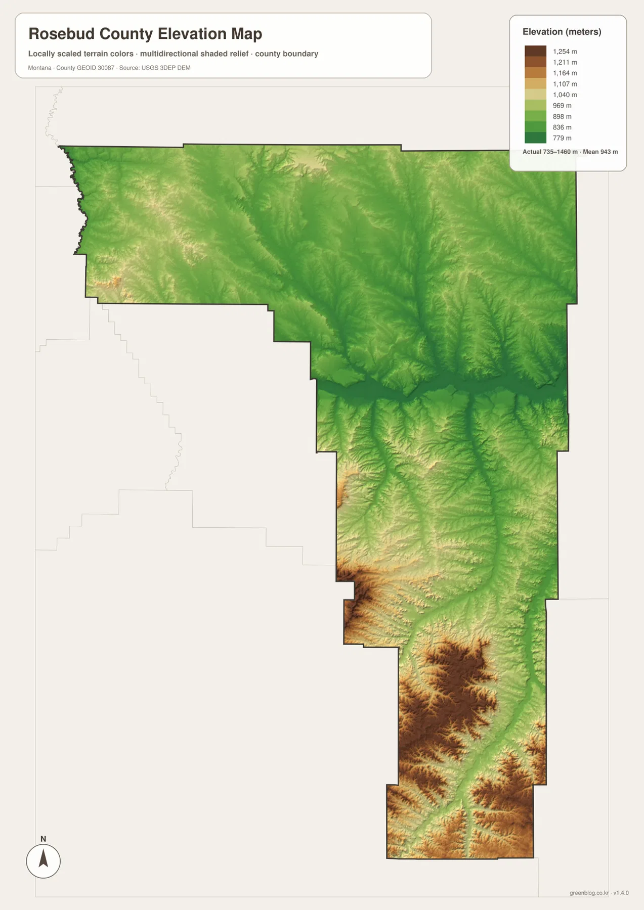 735~1460m 실제 고도 범위와 평균 943m를 표시한 Rosebud County Montana 고도 지도