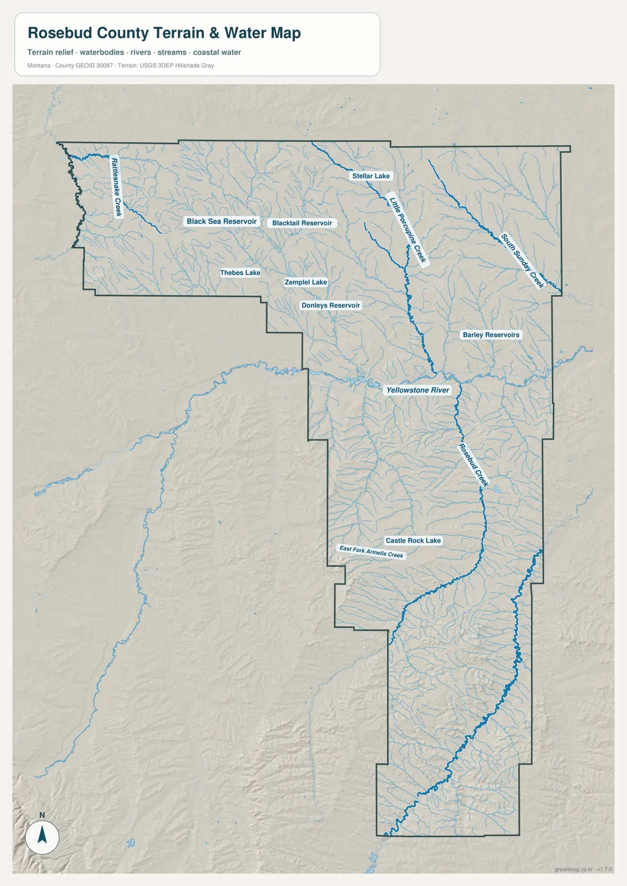 Yellowstone River, Rosebud Creek, Little Porcupine Creek, South Sunday Creek, Rattlesnake Creek와 주요 호수·저수지를 표시한 Rosebud County 수역 지형 지도