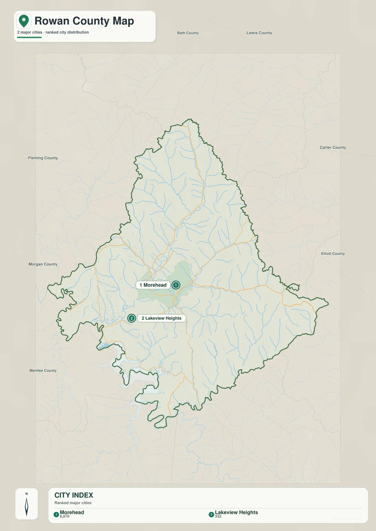 Rowan County의 Morehead와 Lakeview Heights 및 주변 카운티를 표시한 도시 지도
