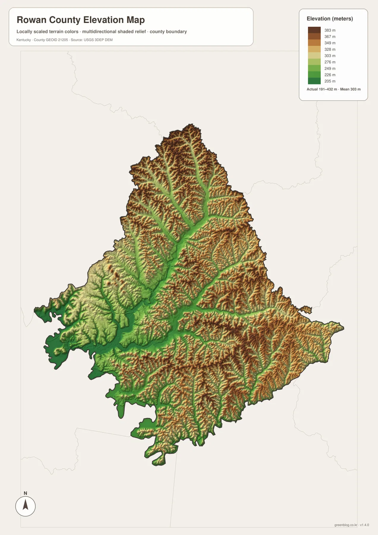 Rowan County의 약 191~432m 고도와 평균 약 303m 지형을 색과 음영으로 표시한 고도 지도