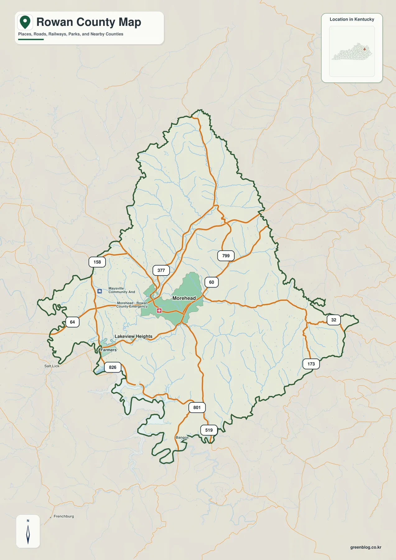 Rowan County 경계와 Morehead, Lakeview Heights, I-64, U.S. 60, KY 32, KY 801 등 주요 도로를 표시한 지도