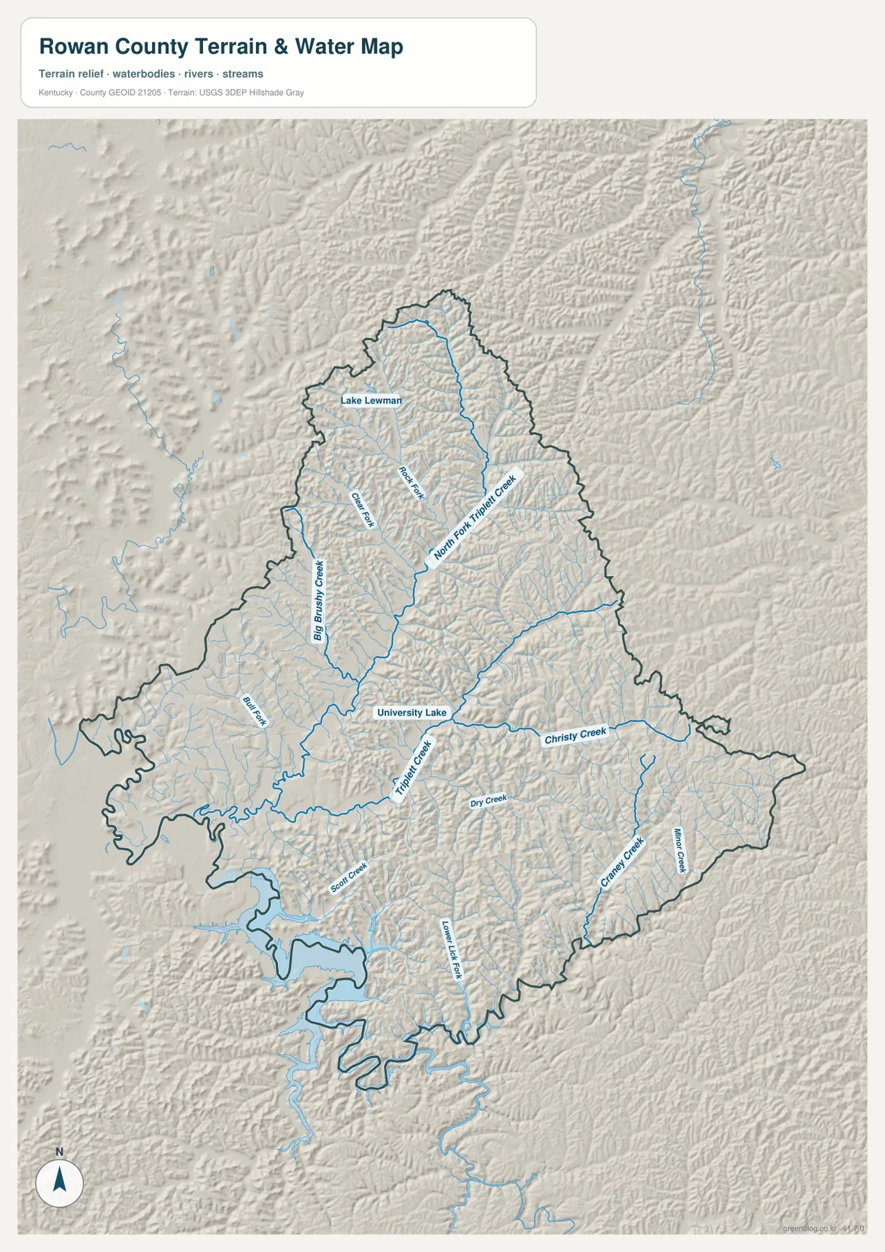 Rowan County의 Triplett Creek, North Fork Triplett Creek, University Lake, Lake Lewman과 여러 지류를 표시한 수역·지형 지도